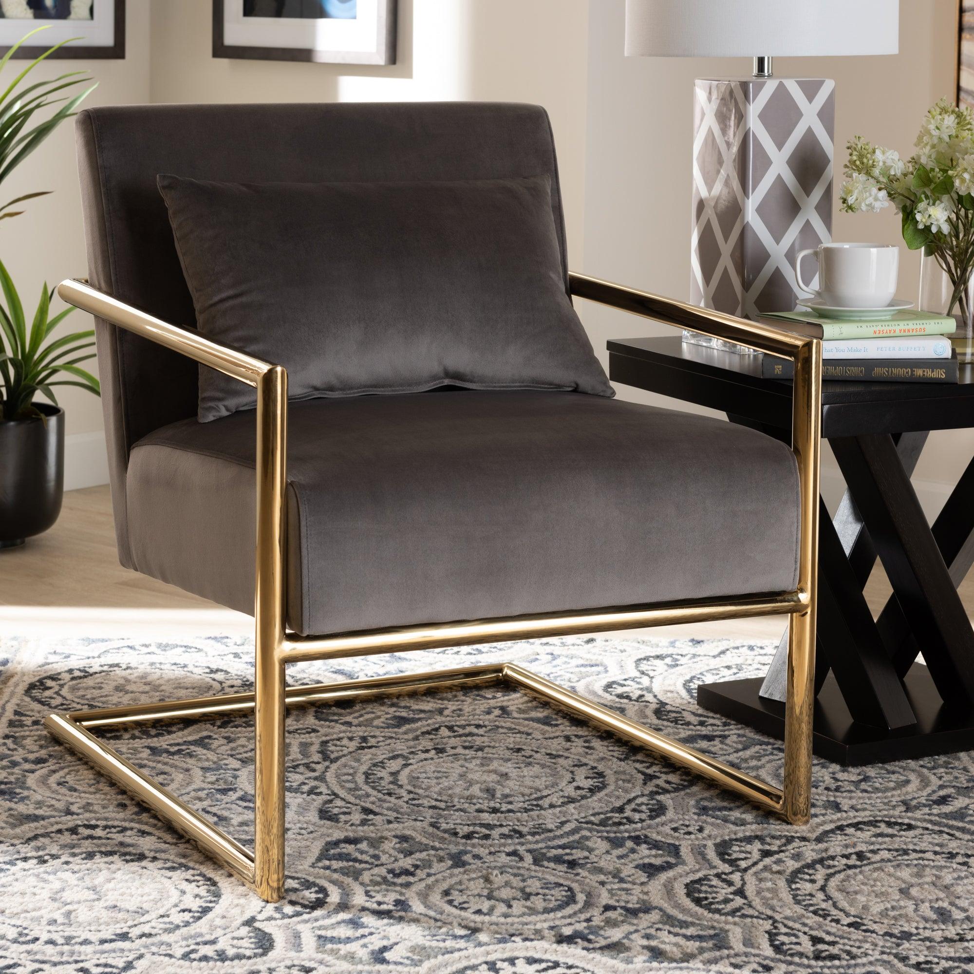 Mira Glam and Luxe Velvet Fabric Upholstered Finished Metal Lounge Chair