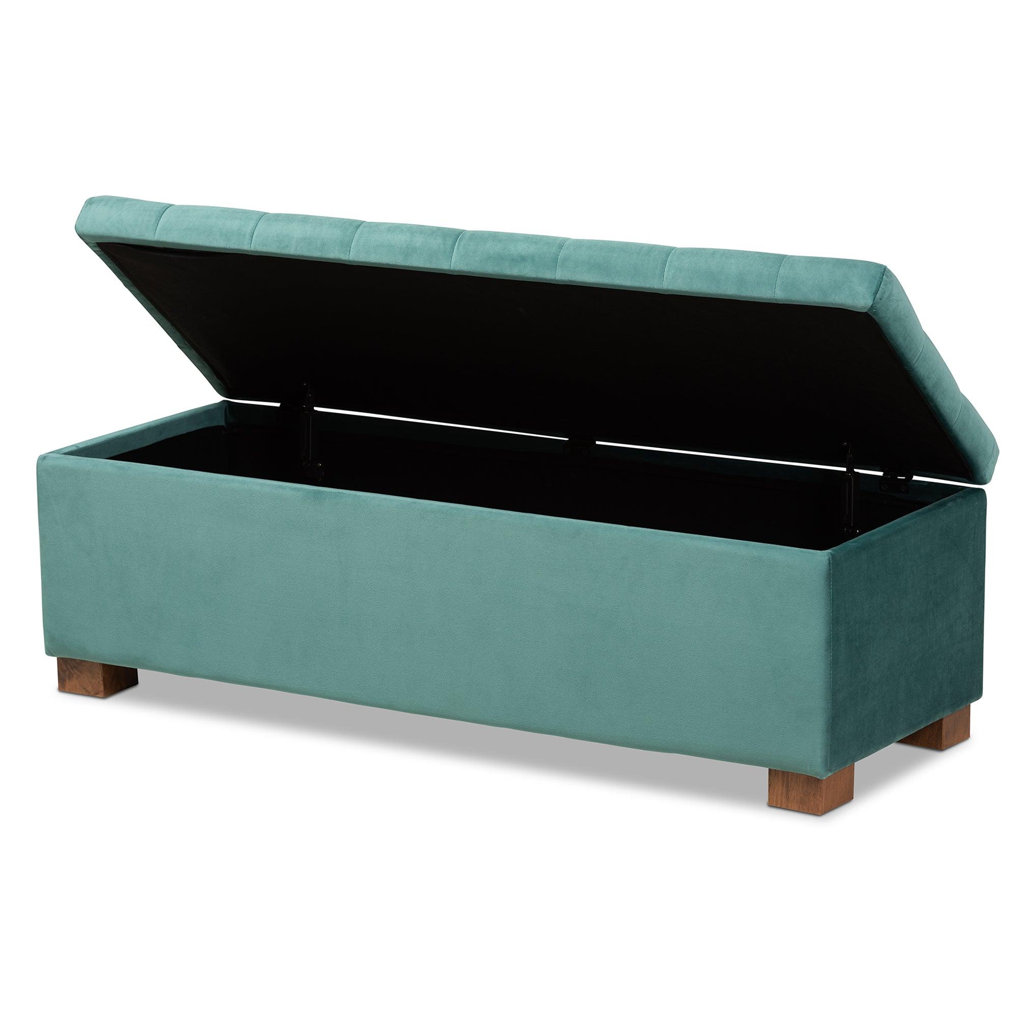 Roanoke Modern and Contemporary Teal Velvet Fabric Upholstered Grid-Tufted Storage Ottoman Bench