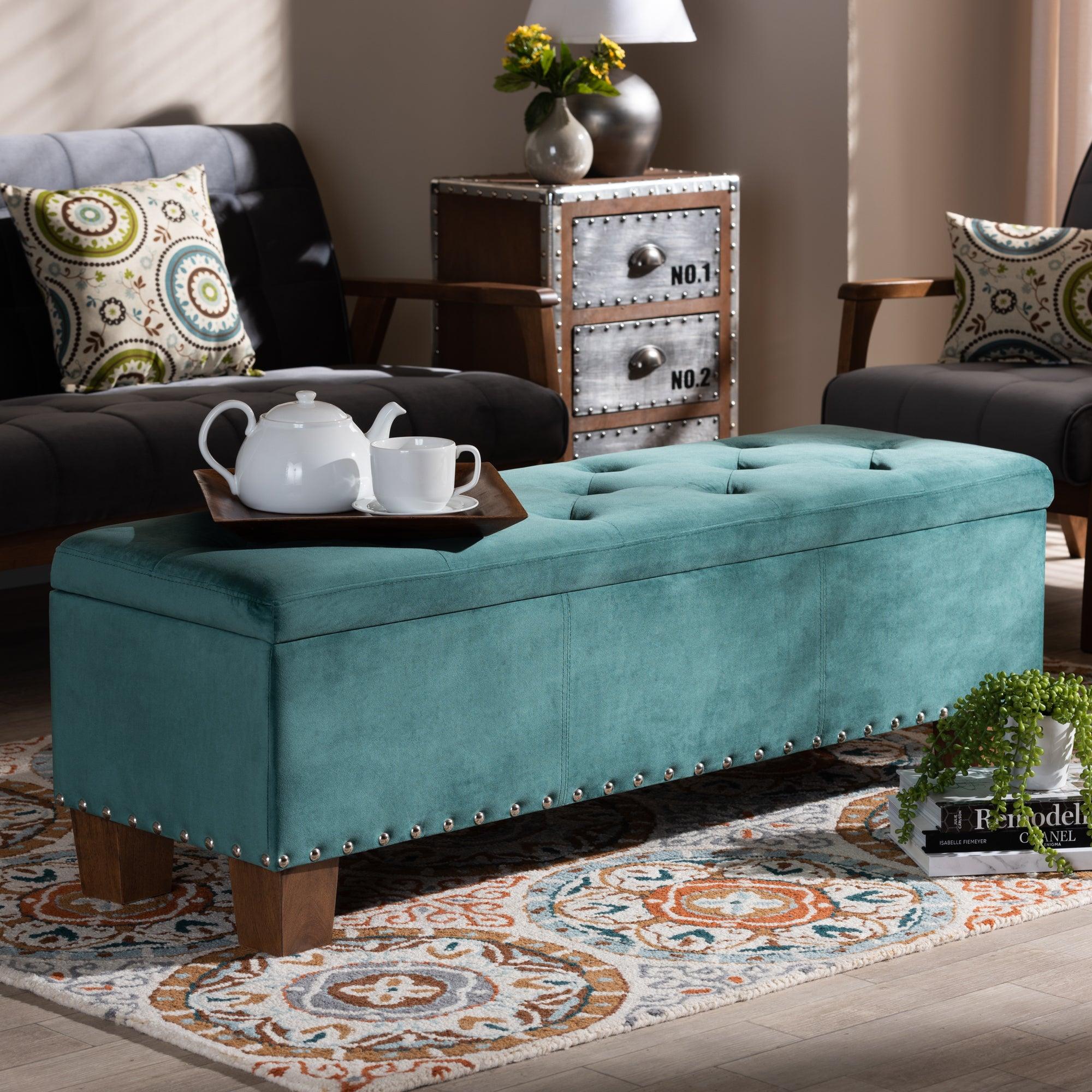 Hannah Modern and Contemporary Teal Velvet Fabric Upholstered Button-Tufted Storage Ottoman Bench