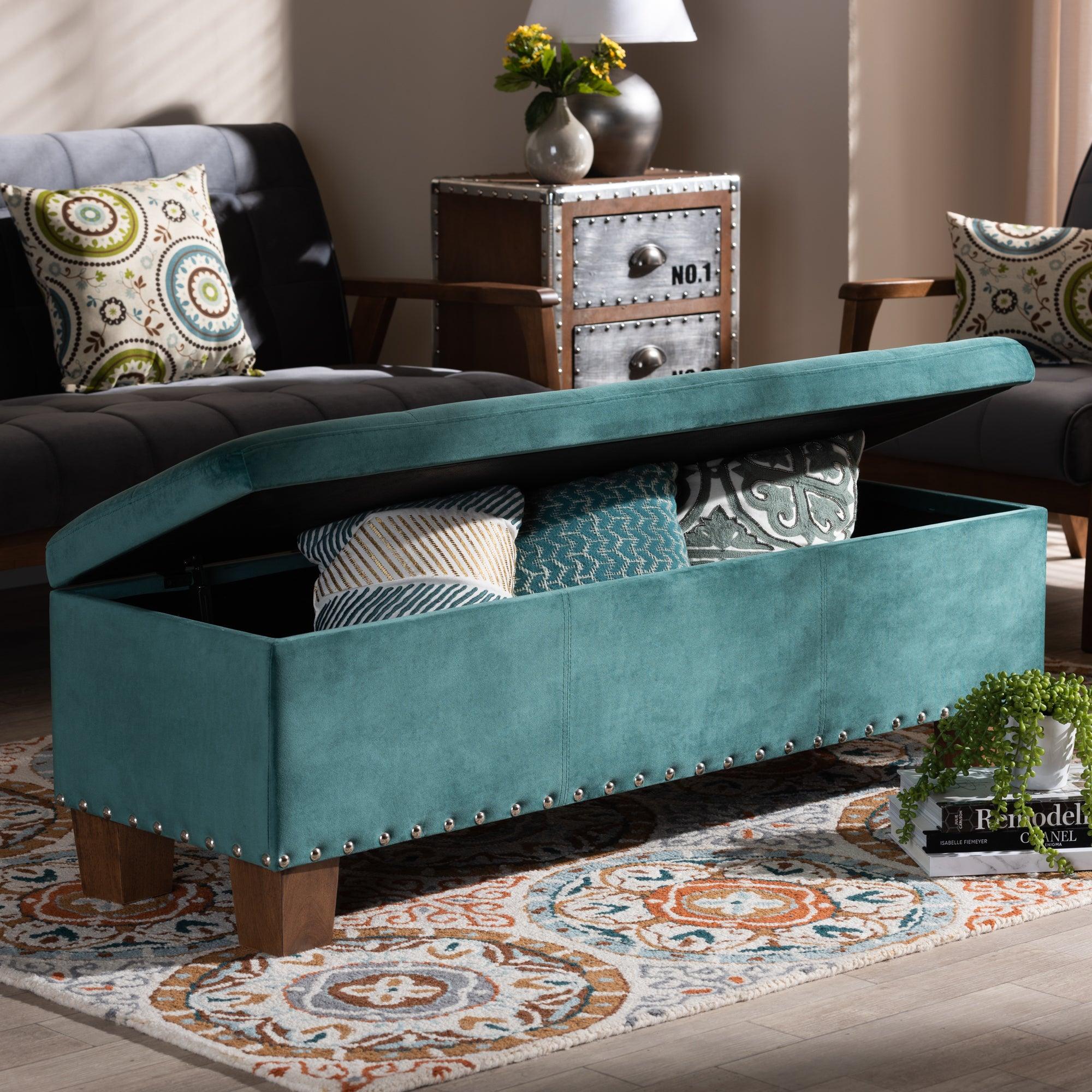 Hannah Modern and Contemporary Teal Velvet Fabric Upholstered Button-Tufted Storage Ottoman Bench