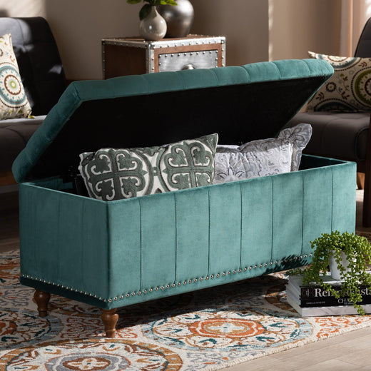 Kaylee Modern and Contemporary Teal Velvet Fabric Upholstered Button-Tufted Storage Ottoman