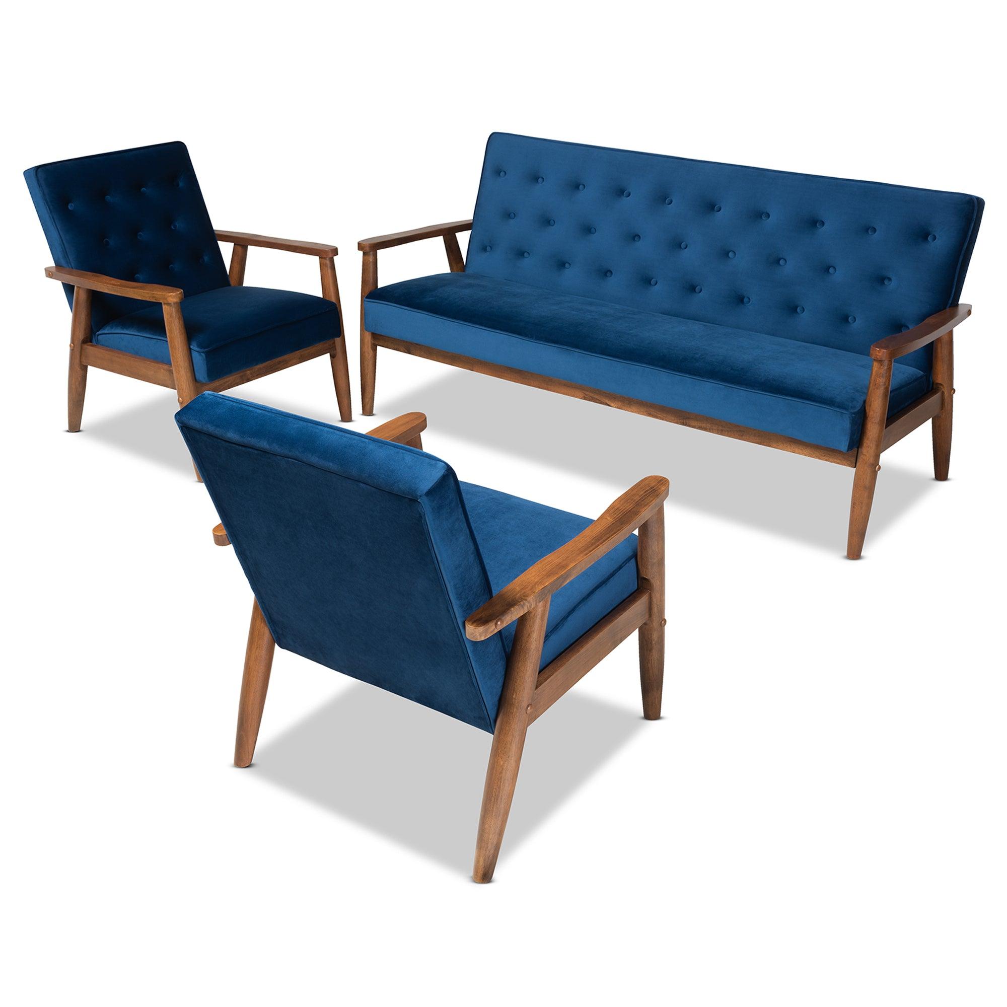 Sorrento Mid-century Modern Velvet Fabric Upholstered Finished 3-Piece Wooden Living Room Set