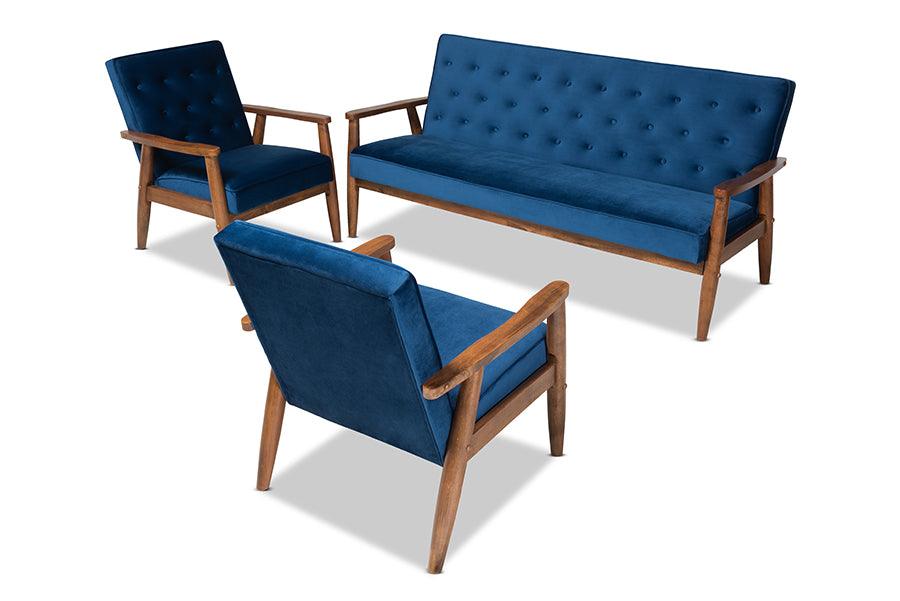 Sorrento Mid-century Modern Velvet Fabric Upholstered Finished 3-Piece Wooden Living Room Set