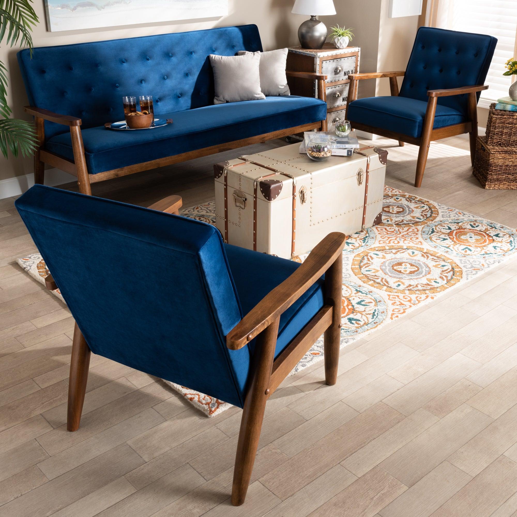 Sorrento Mid-century Modern Velvet Fabric Upholstered Finished 3-Piece Wooden Living Room Set
