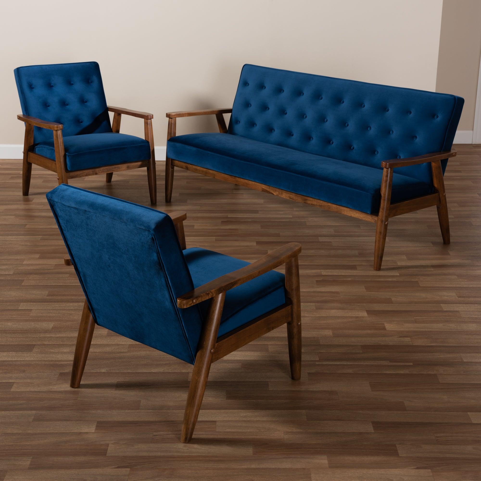 Sorrento Mid-century Modern Velvet Fabric Upholstered Finished 3-Piece Wooden Living Room Set