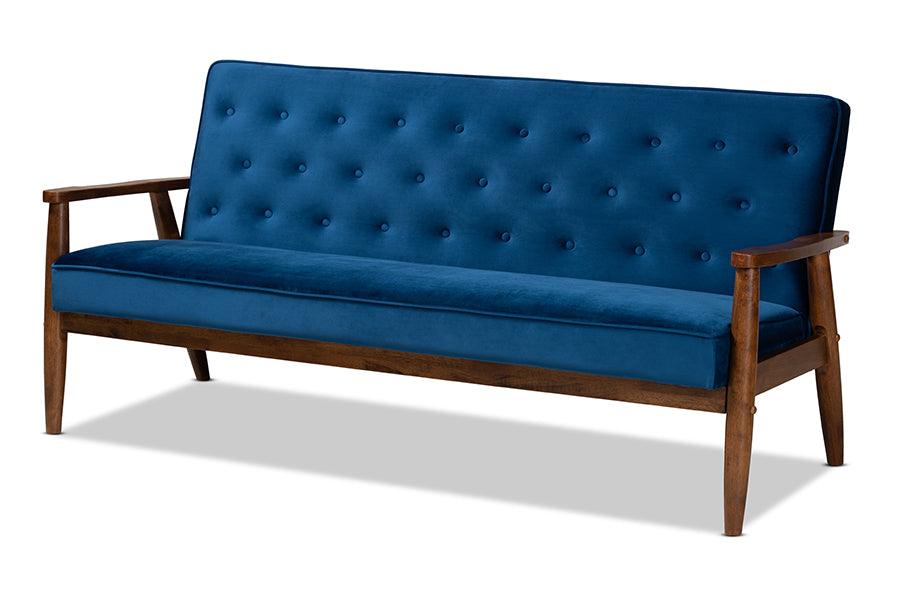Sorrento Mid-century Modern Velvet Fabric Upholstered Finished Wooden 3-seater Sofa