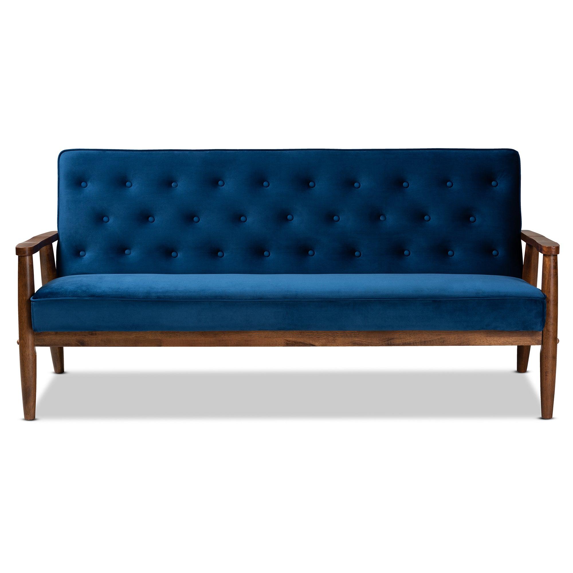 Sorrento Mid-century Modern Velvet Fabric Upholstered Finished Wooden 3-seater Sofa
