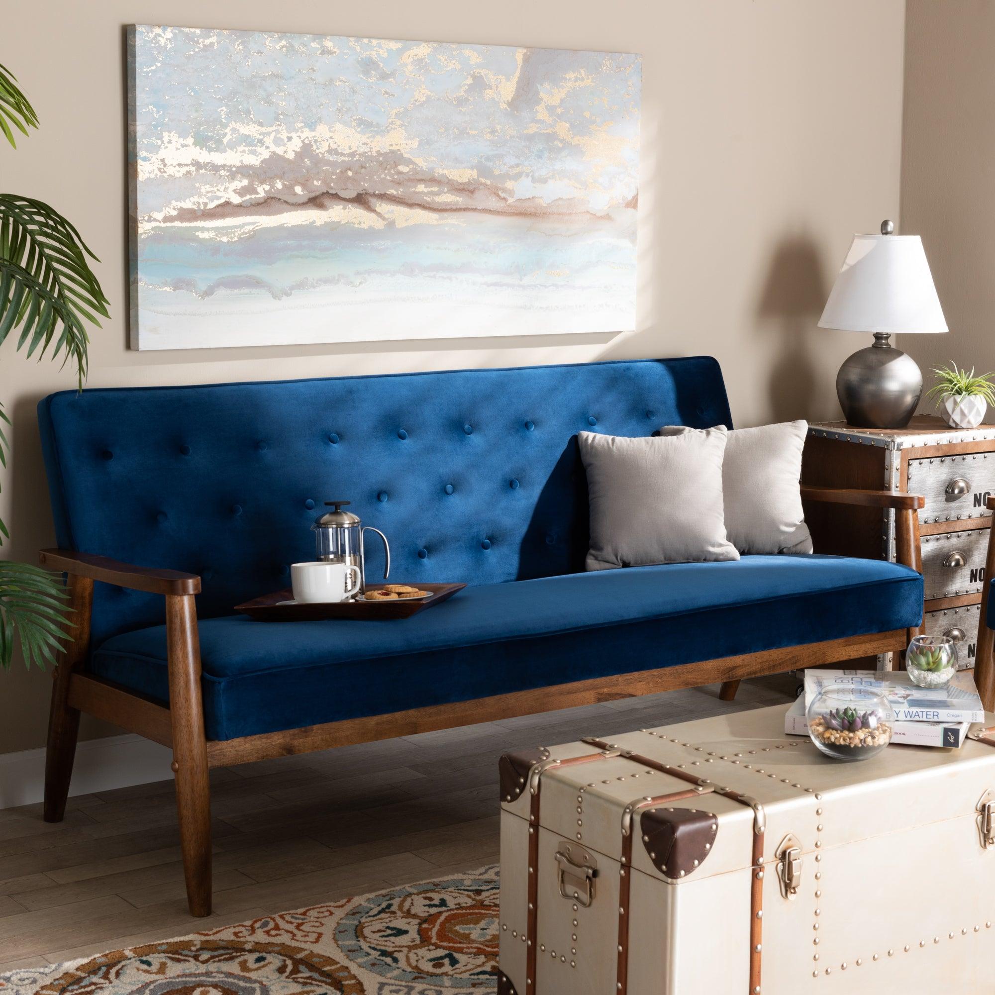 Sorrento Mid-century Modern Velvet Fabric Upholstered Finished Wooden 3-seater Sofa