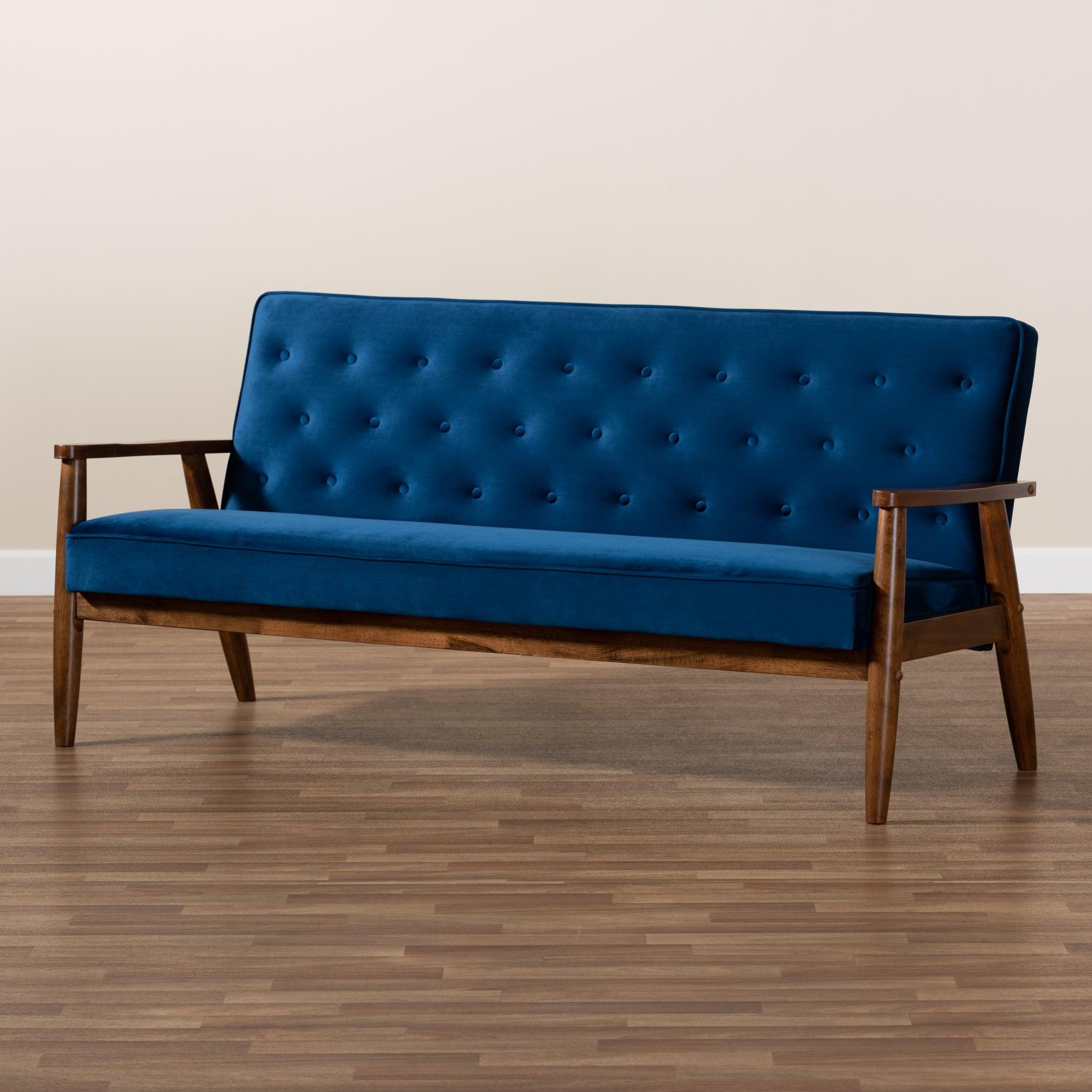 Sorrento Mid-century Modern Velvet Fabric Upholstered Finished Wooden 3-seater Sofa