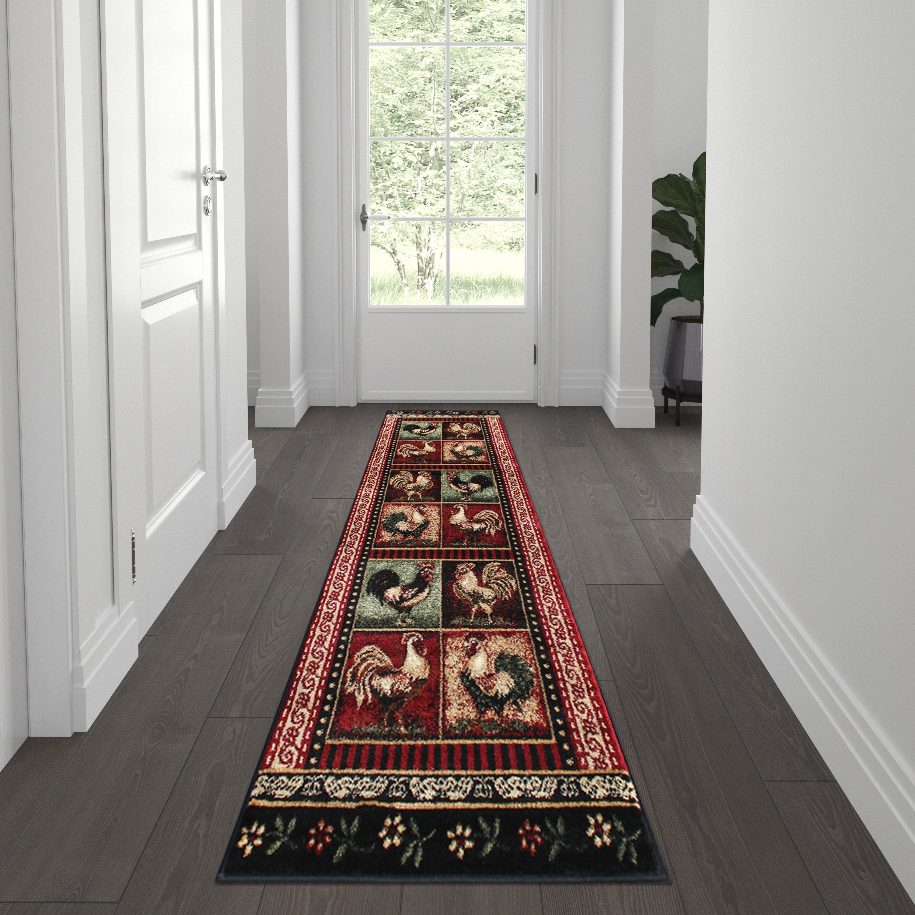 Gallus Collection Rooster Themed Olefin Area Rug with Jute Backing for Kitchen, Living Room, Bedroom