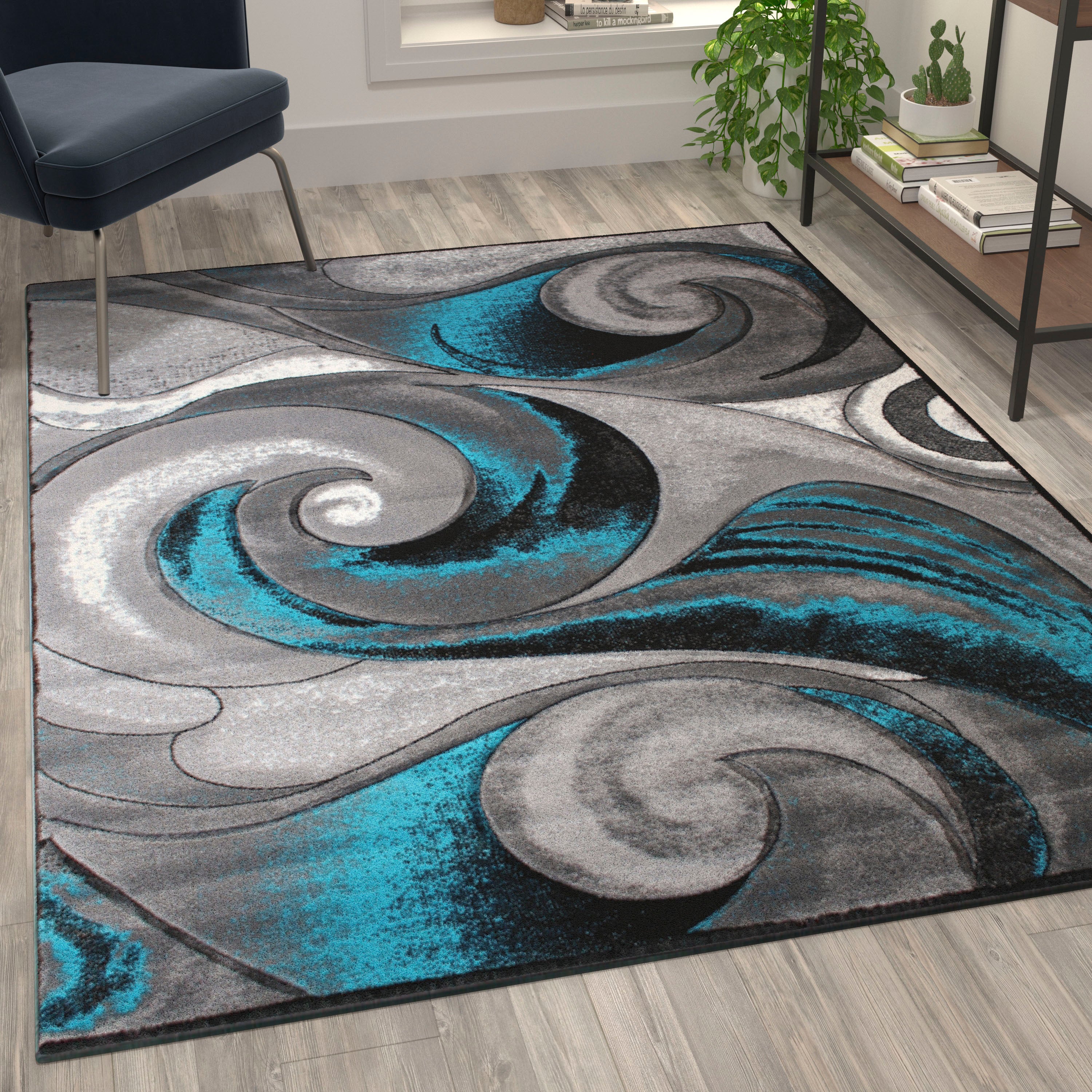 Tellus Collection Olefin Ocean Waves Pattern Area Rug with Jute Backing for Entryway, Living Room, Bedroom-Indoor Area Rug-Flash Furniture-Wall2Wall Furnishings