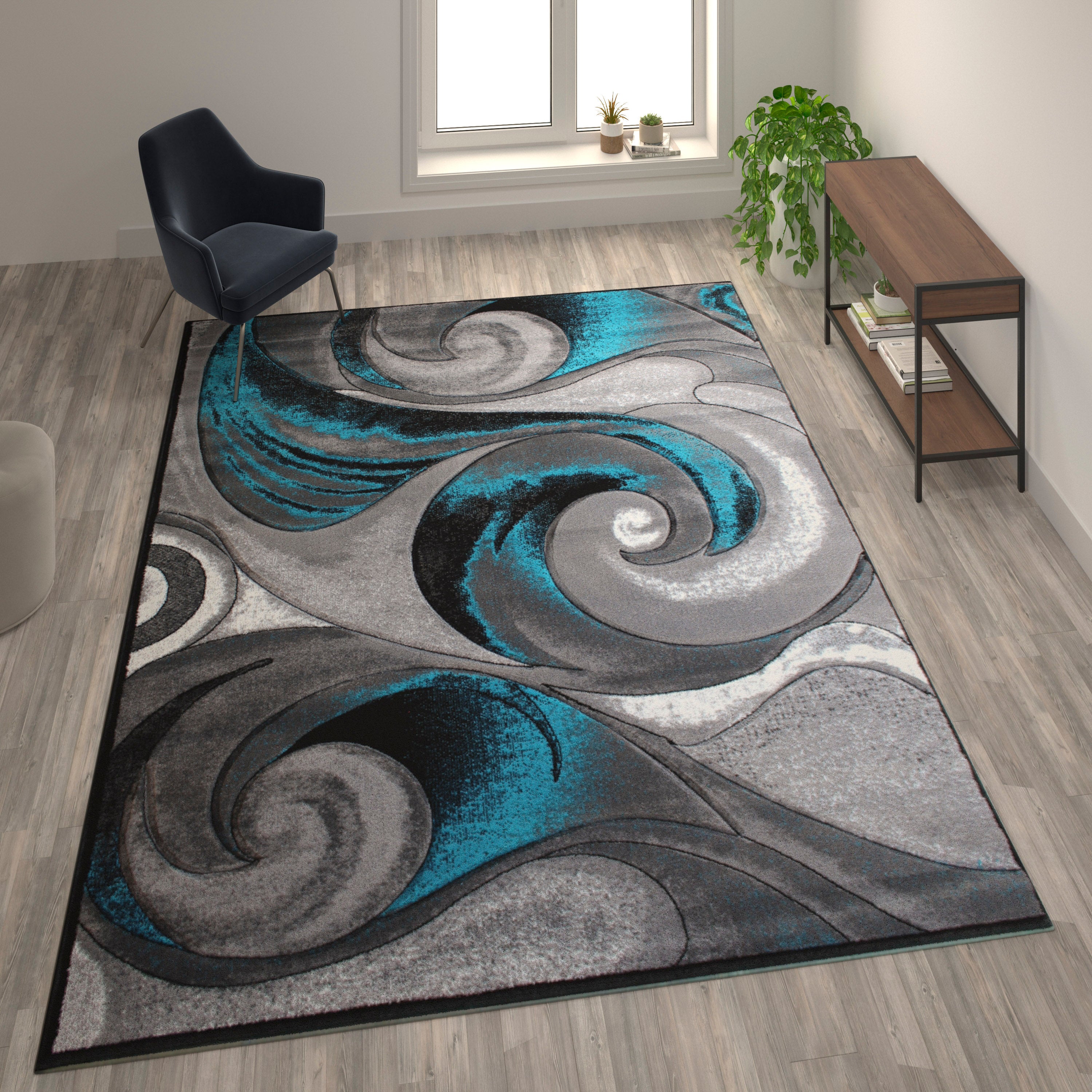 Tellus Collection Olefin Ocean Waves Pattern Area Rug with Jute Backing for Entryway, Living Room, Bedroom