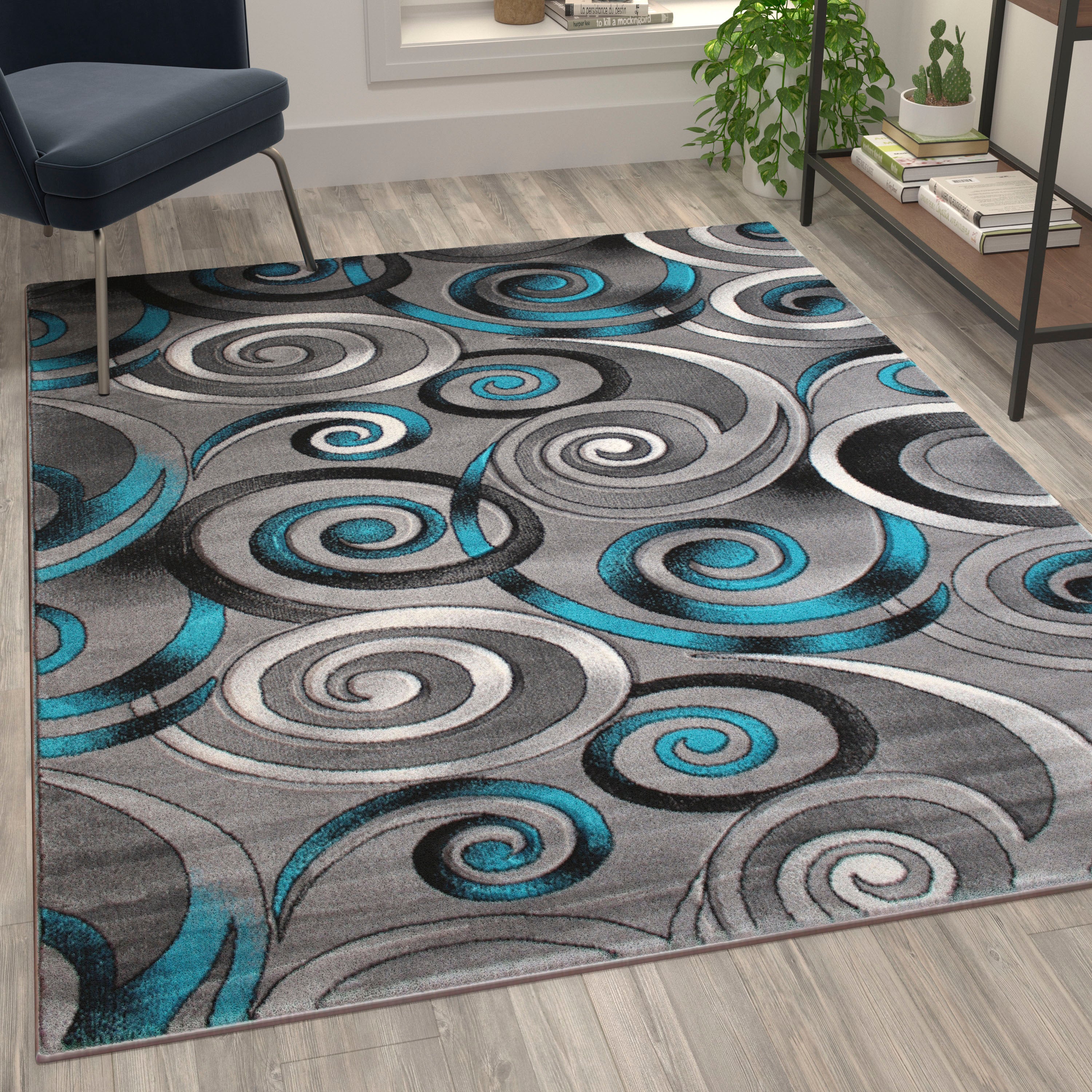 Masie Collection Swirl Olefin Area Rug with Jute Backing - Entryway, Living Room, Bedroom