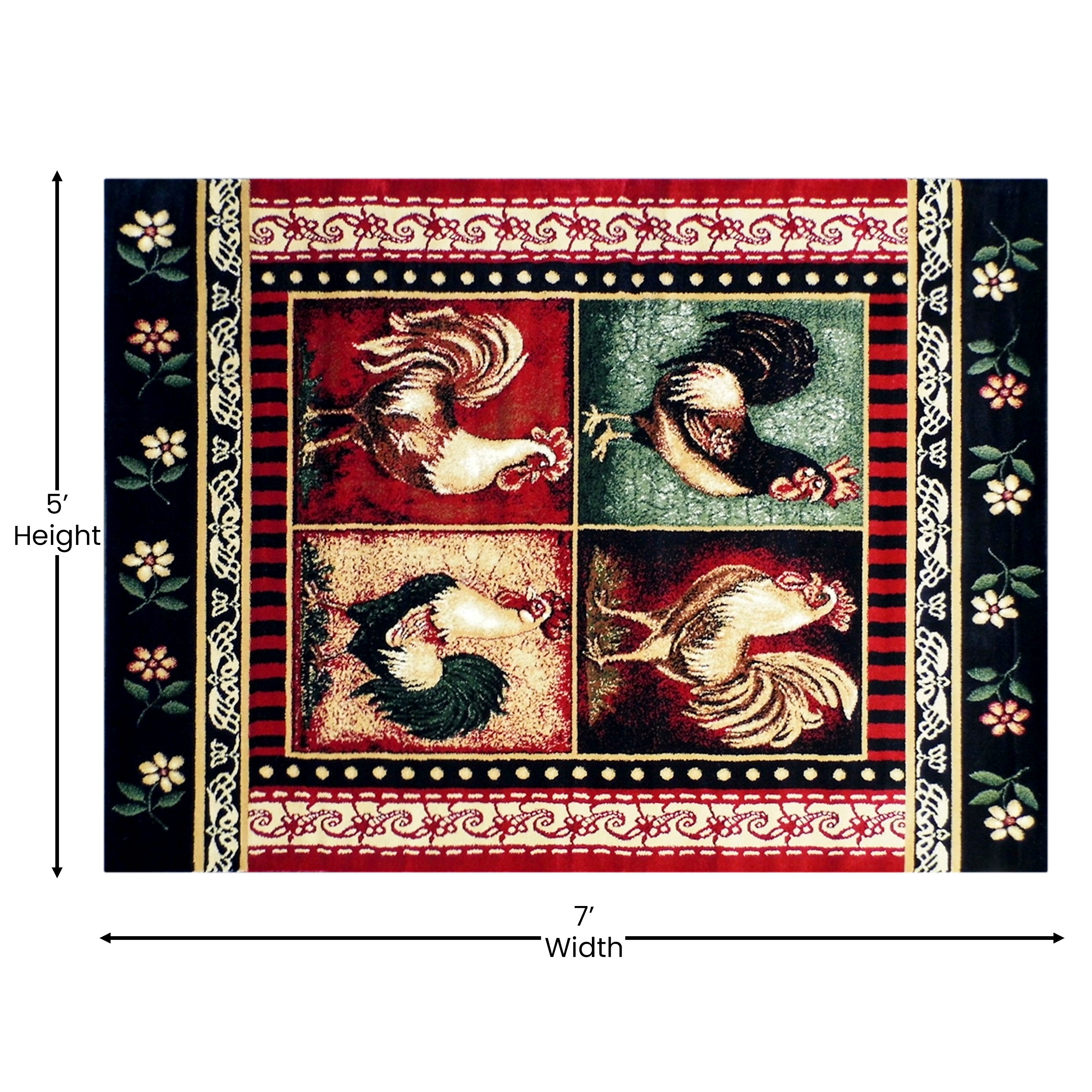Gallus Collection Rooster Themed Olefin Area Rug with Jute Backing for Kitchen, Living Room, Bedroom-Area Rug-Flash Furniture-Wall2Wall Furnishings