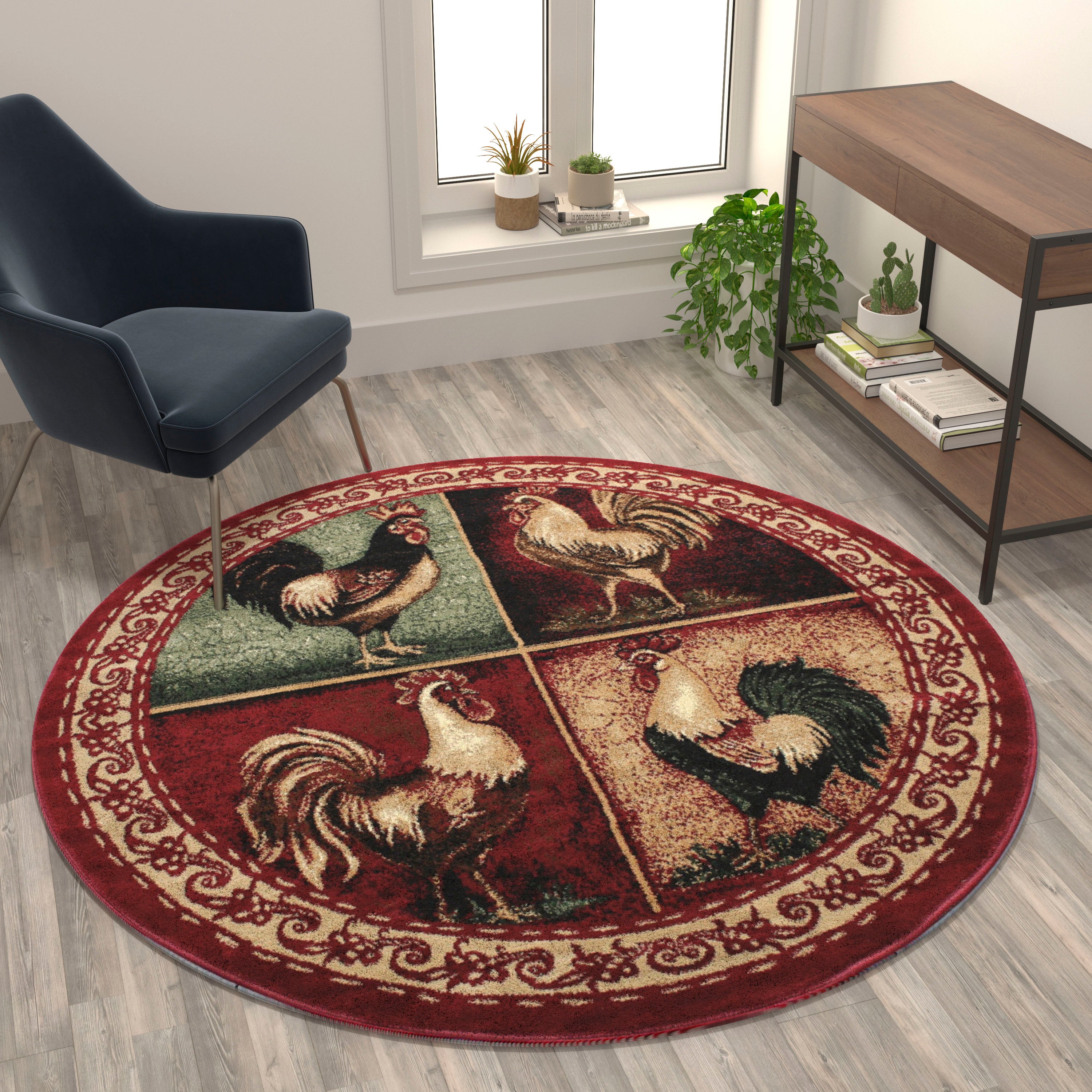 Gallus Collection Rooster Themed Olefin Area Rug with Jute Backing for Kitchen, Living Room, Bedroom-Area Rug-Flash Furniture-Wall2Wall Furnishings