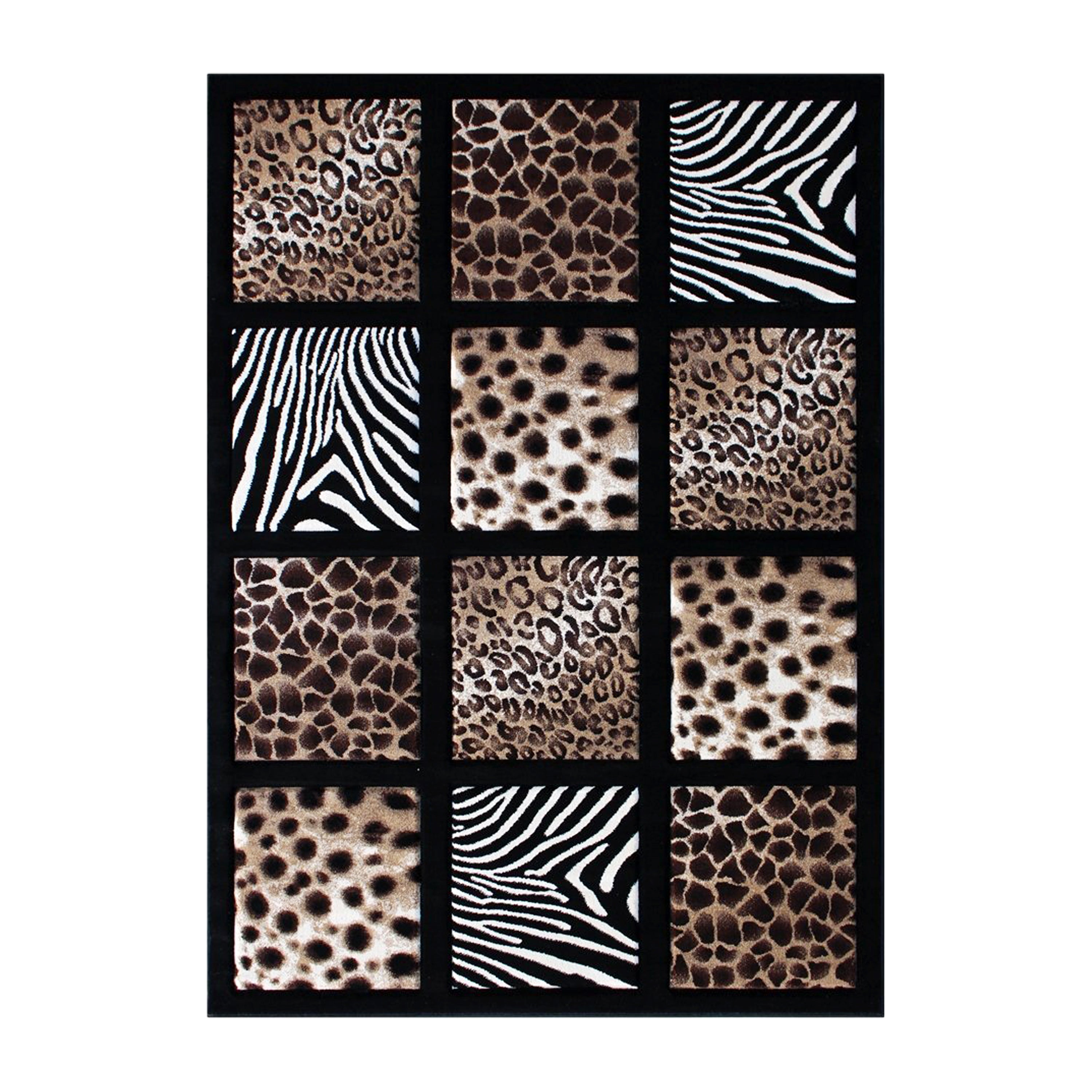 Menagerie Collection Modern Animal Print Olefin Area Rug with Cheetah, Leopard, Zebra and Giraffe Design Raised Squares