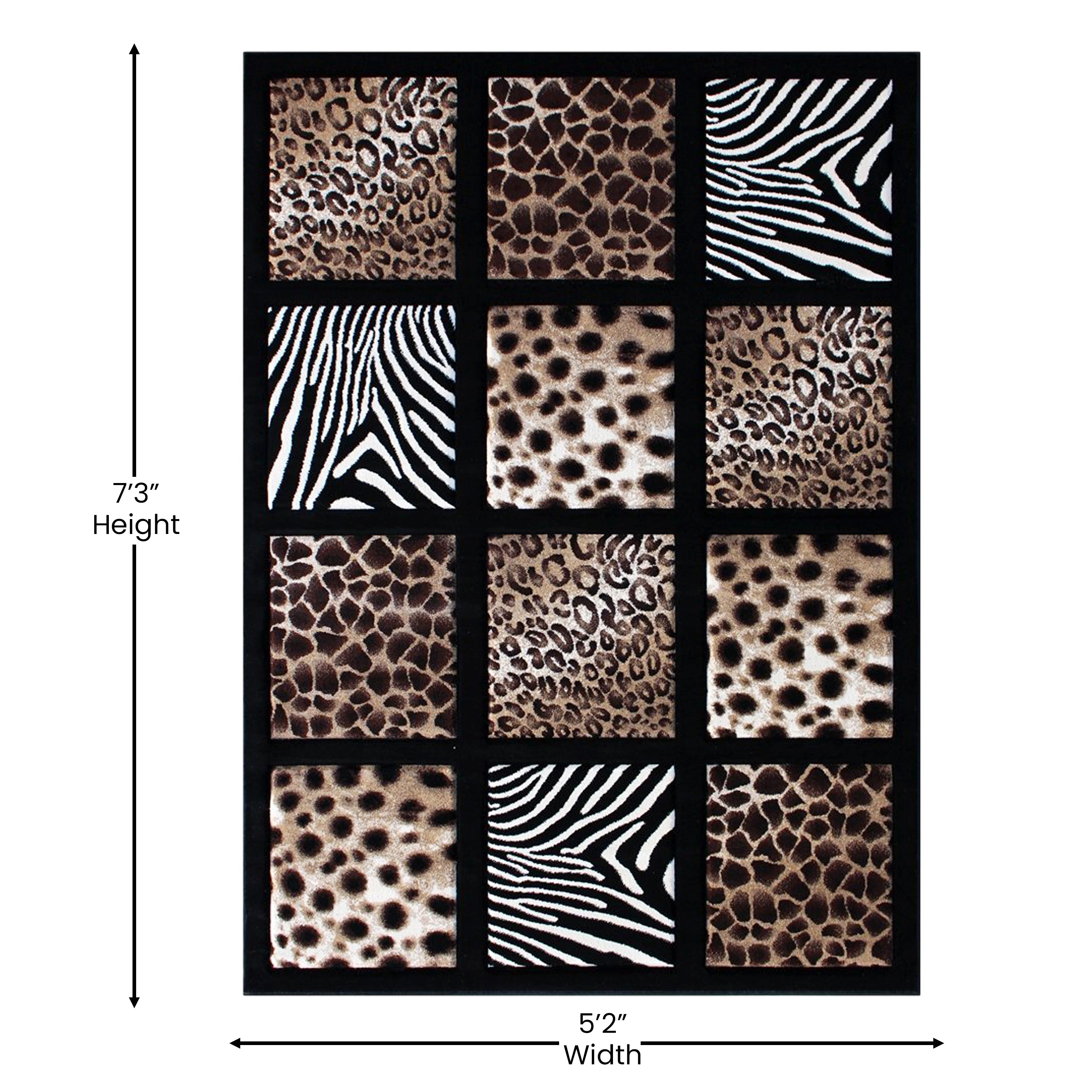 Menagerie Collection Modern Animal Print Olefin Area Rug with Cheetah, Leopard, Zebra and Giraffe Design Raised Squares