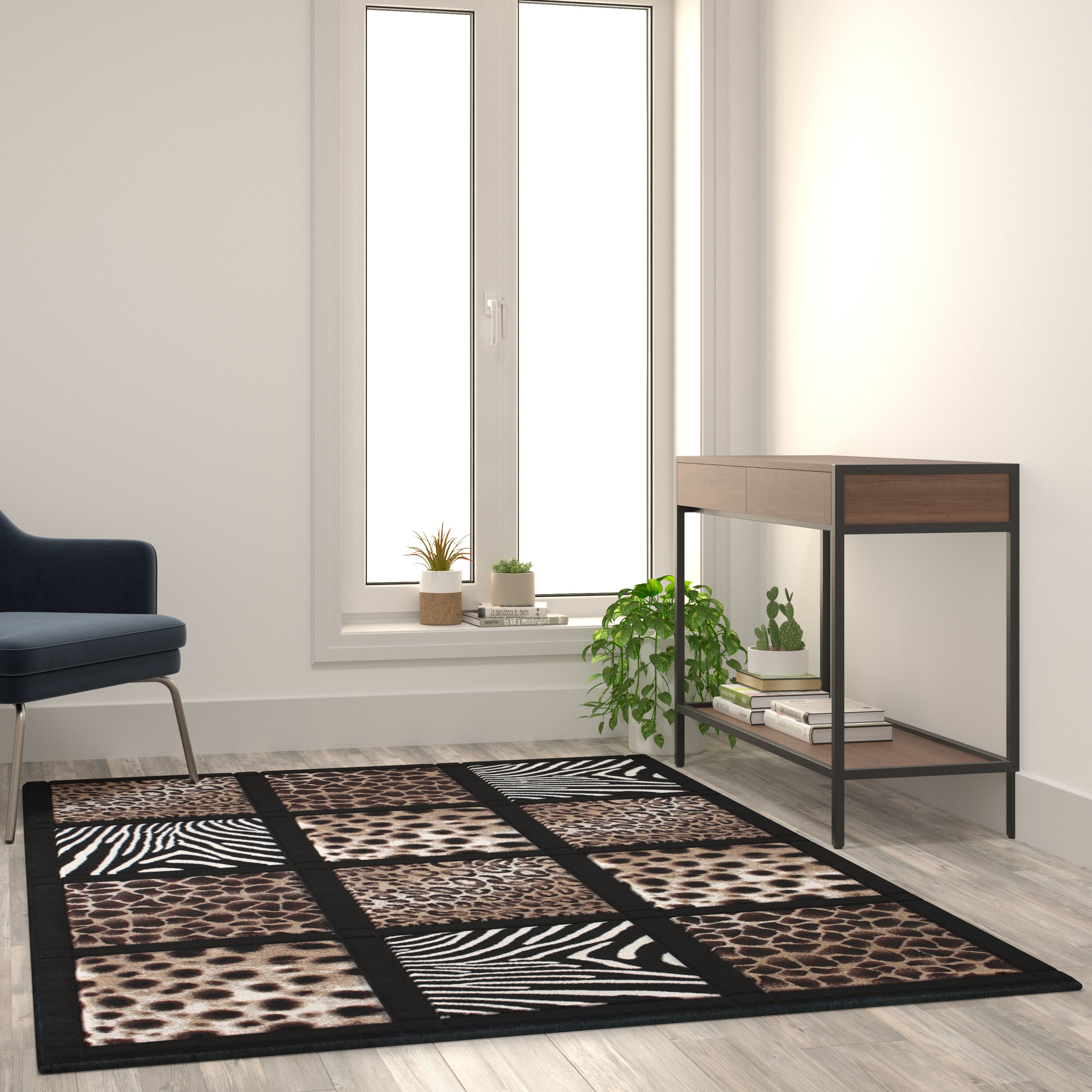 Menagerie Collection Modern Animal Print Olefin Area Rug with Cheetah, Leopard, Zebra and Giraffe Design Raised Squares