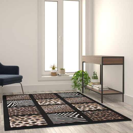 Menagerie Collection Modern Animal Print Olefin Area Rug with Cheetah, Leopard, Zebra and Giraffe Design Raised Squares