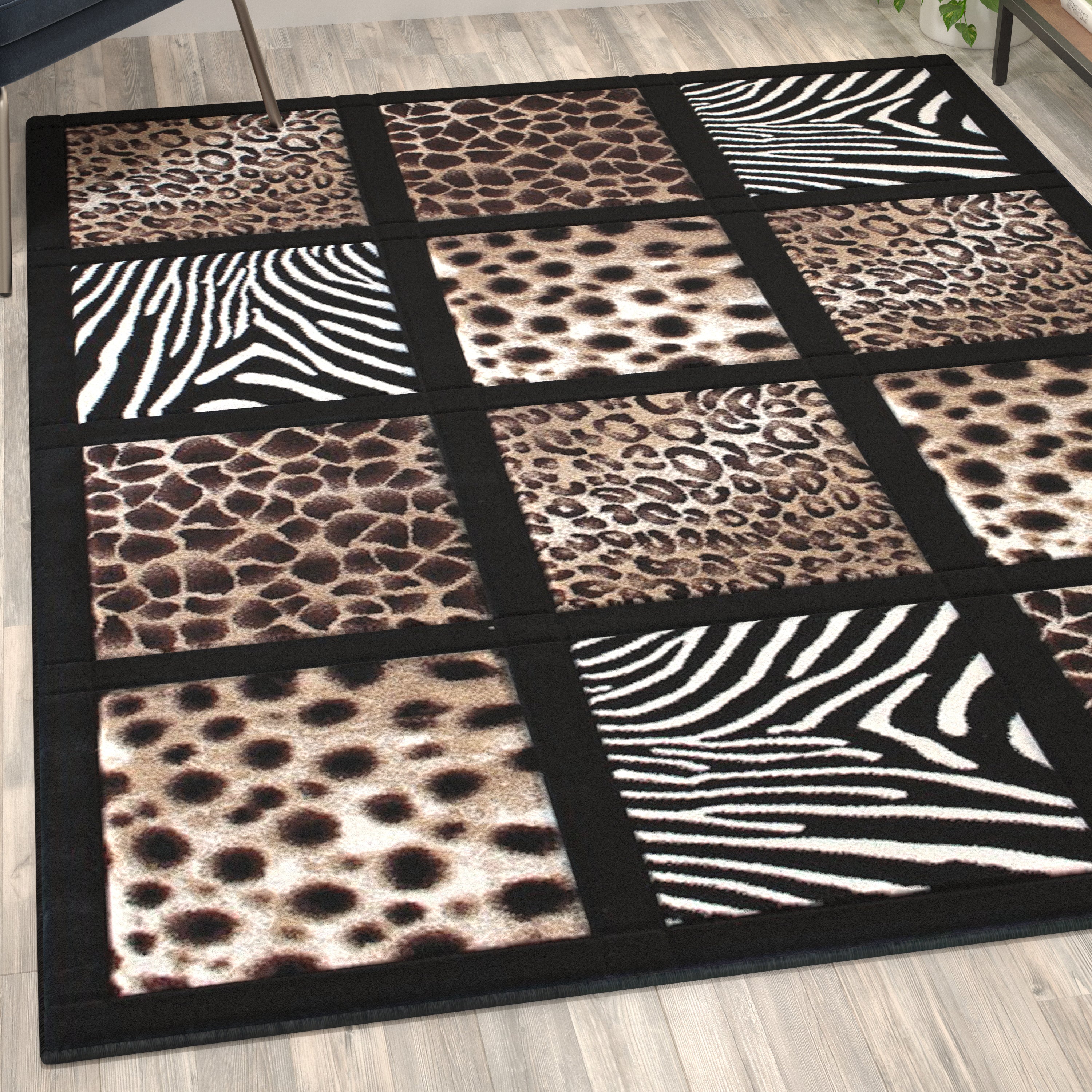 Menagerie Collection Modern Animal Print Olefin Area Rug with Cheetah, Leopard, Zebra and Giraffe Design Raised Squares