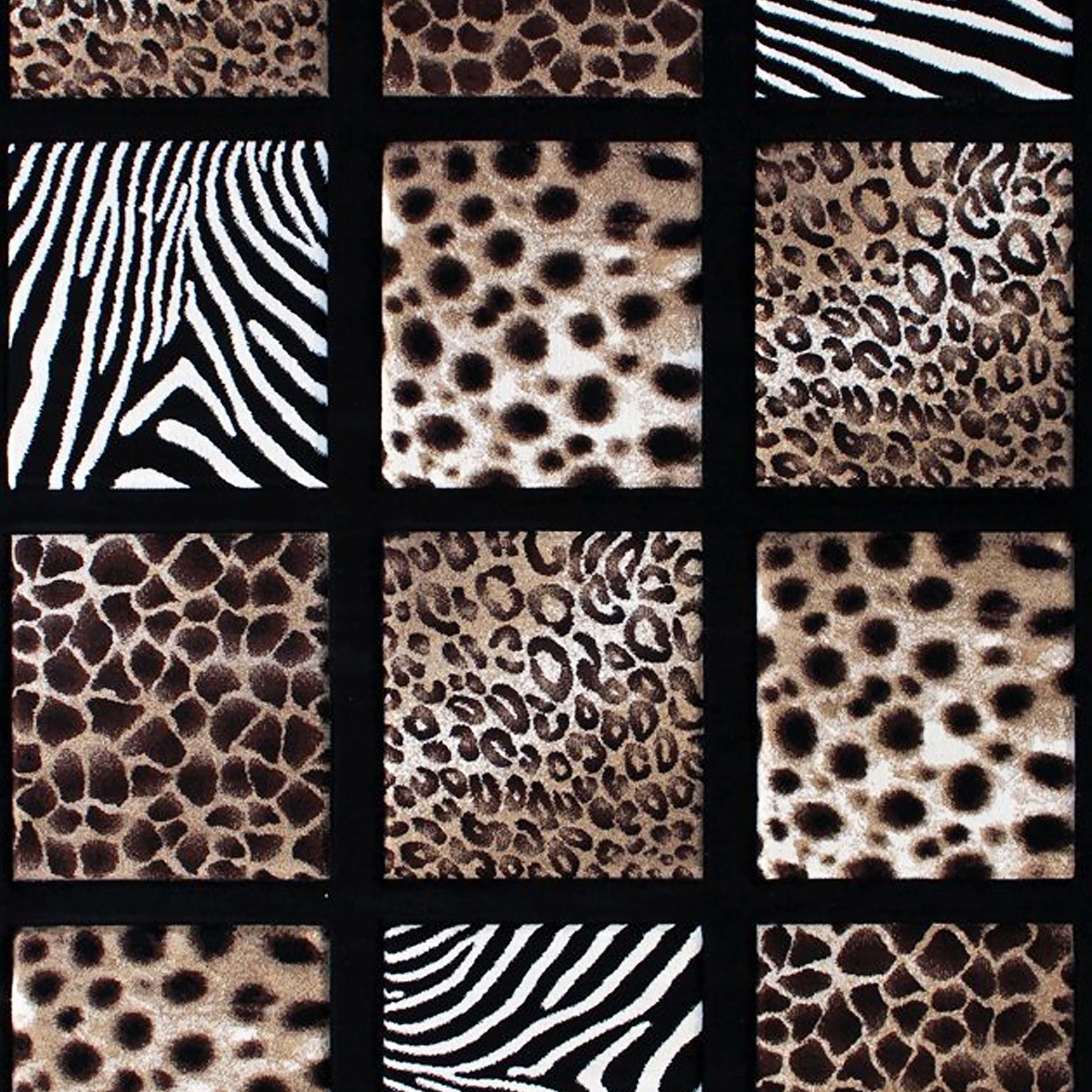 Menagerie Collection Modern Animal Print Olefin Area Rug with Cheetah, Leopard, Zebra and Giraffe Design Raised Squares