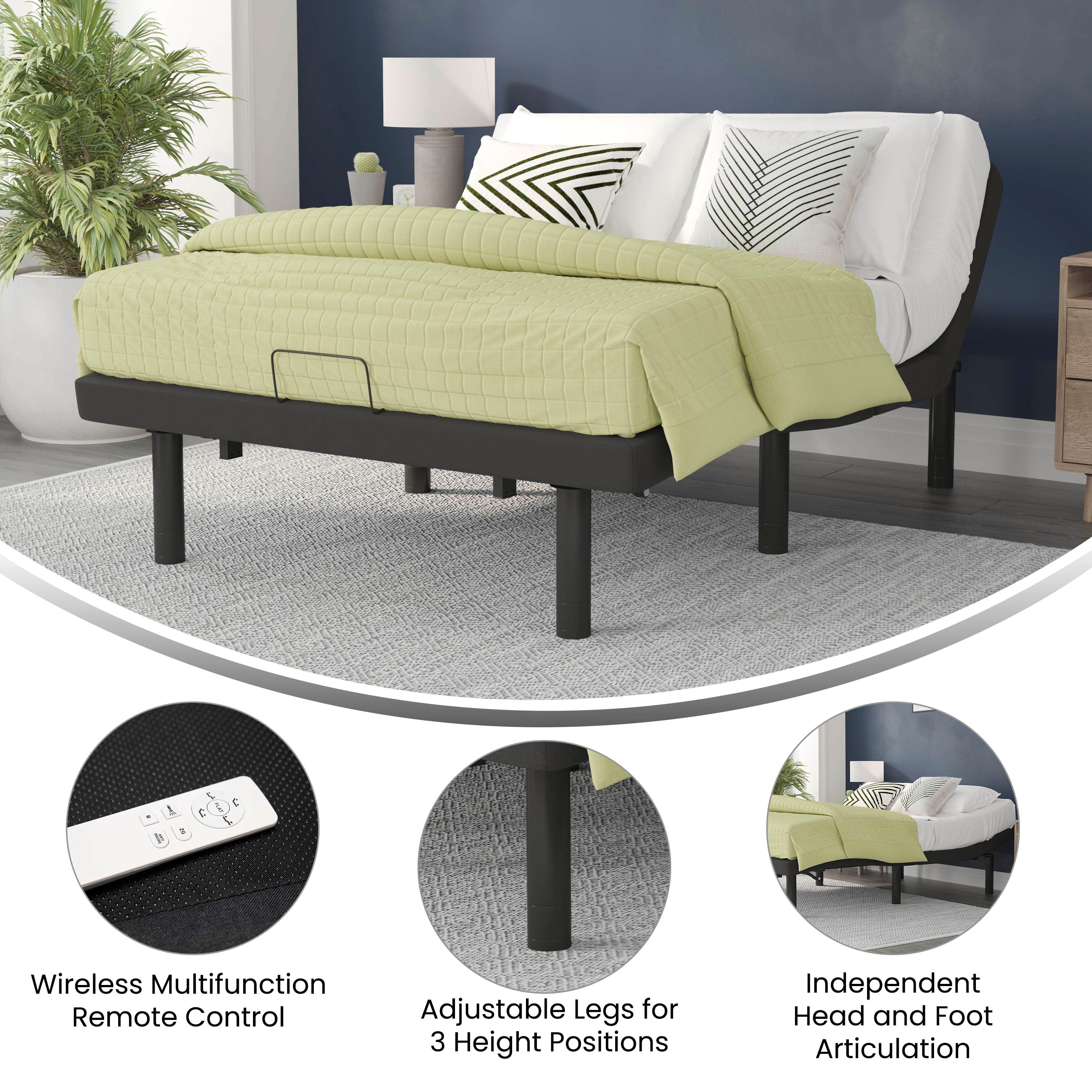 Selene Adjustable Upholstered Bed Base with Wireless Remote, Three Leg Heights, & Independent Head/Foot Incline-Bed Frame-Flash Furniture-Wall2Wall Furnishings