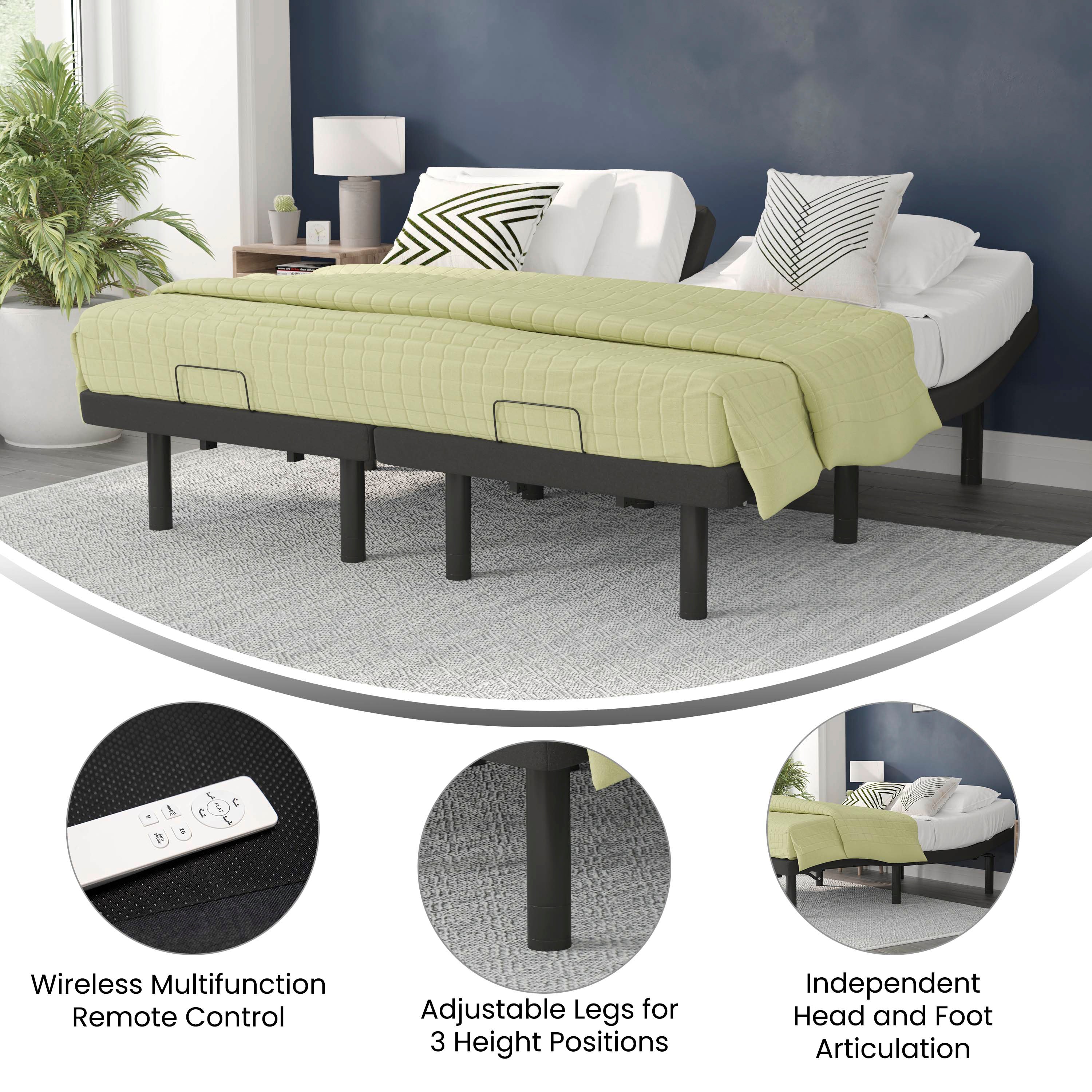Selene Adjustable Upholstered Bed Base with Wireless Remote, Three Leg Heights, & Independent Head/Foot Incline-Bed Frame-Flash Furniture-Wall2Wall Furnishings