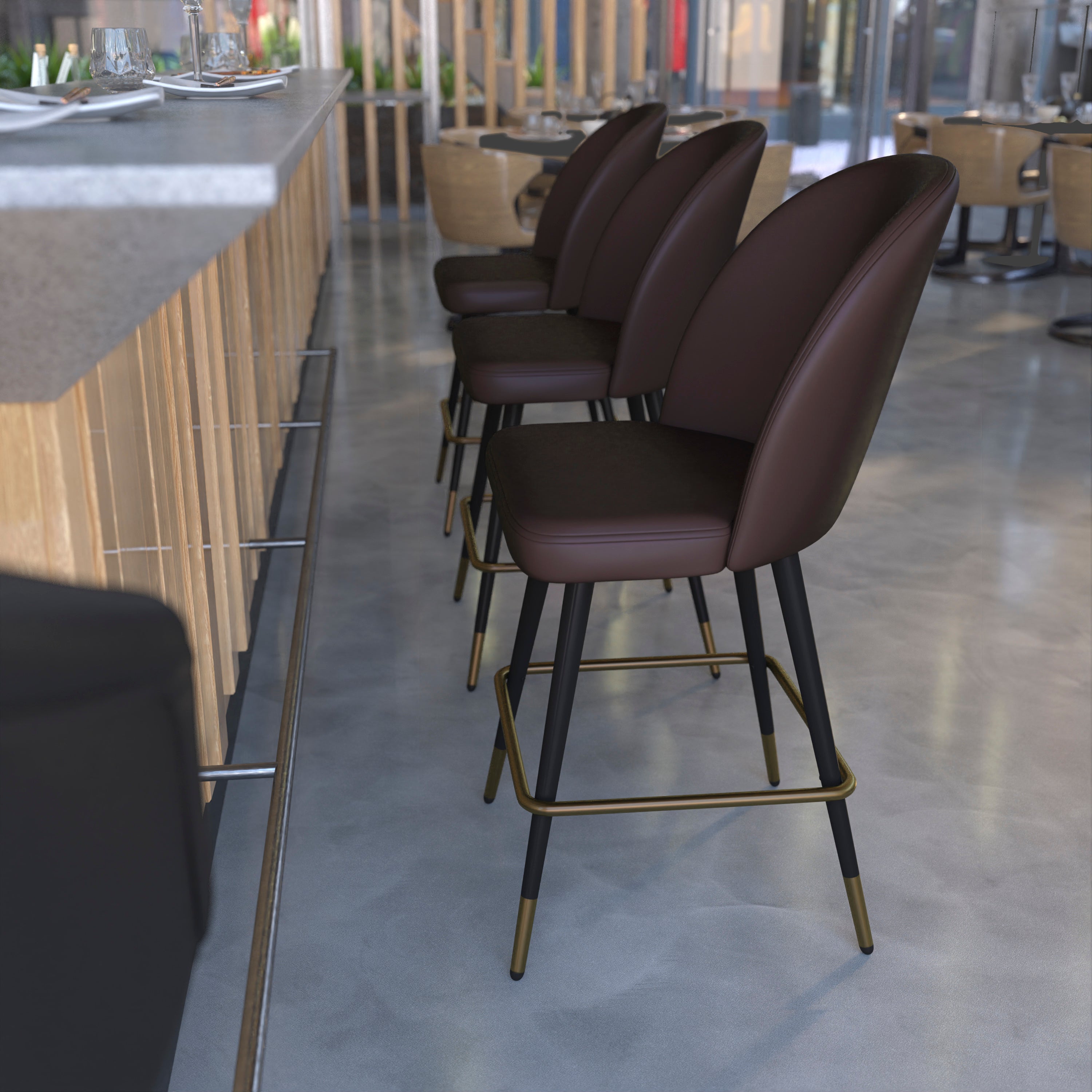 Lyla Set of 2 Commercial Modern Armless Counter Stools with Contoured Backrests, Steel Frames and Footrests-Set of 2