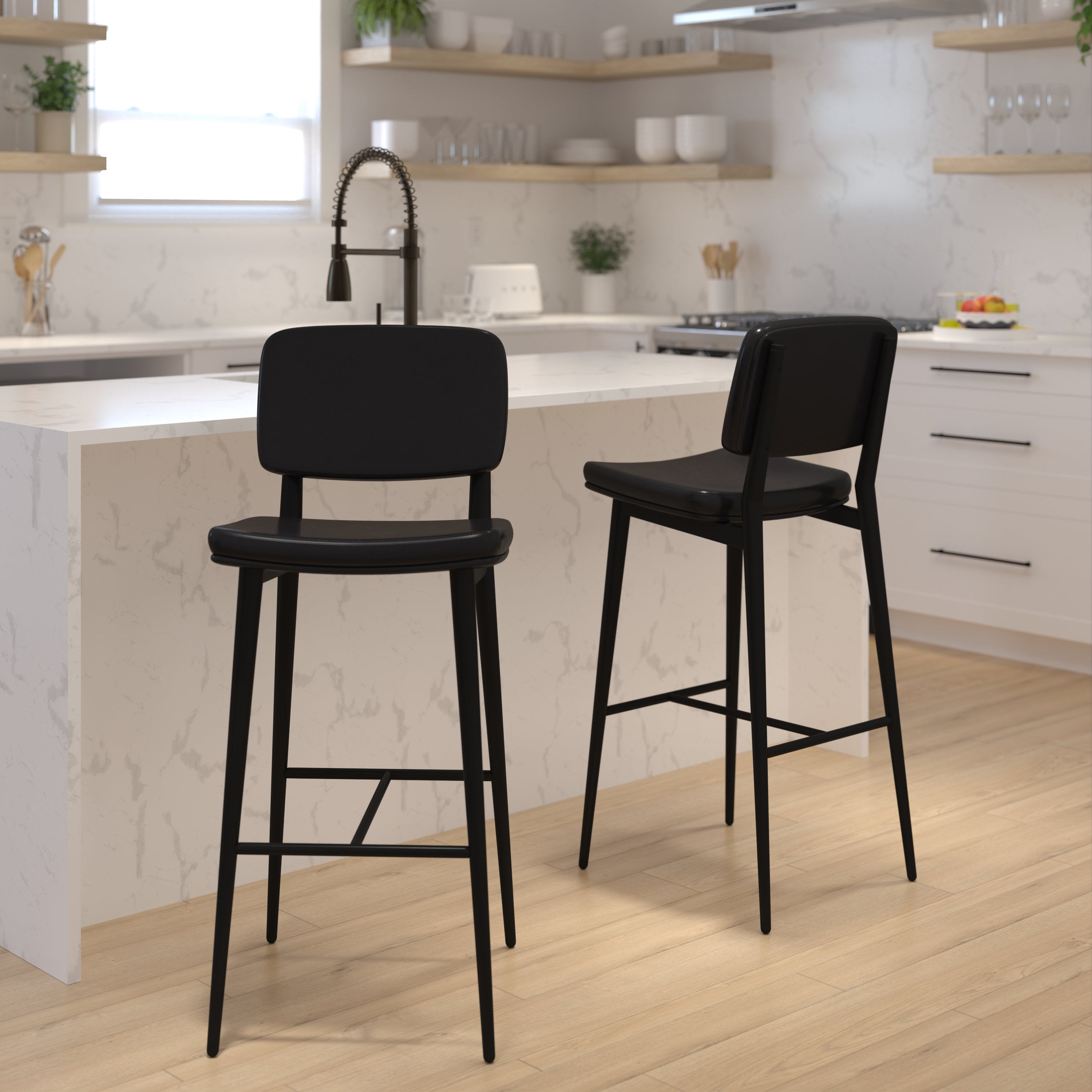 Kenzie Mid-Back Barstools - LeatherSoft Upholstery - Iron Frame with Integrated Footrest - Set of 2
