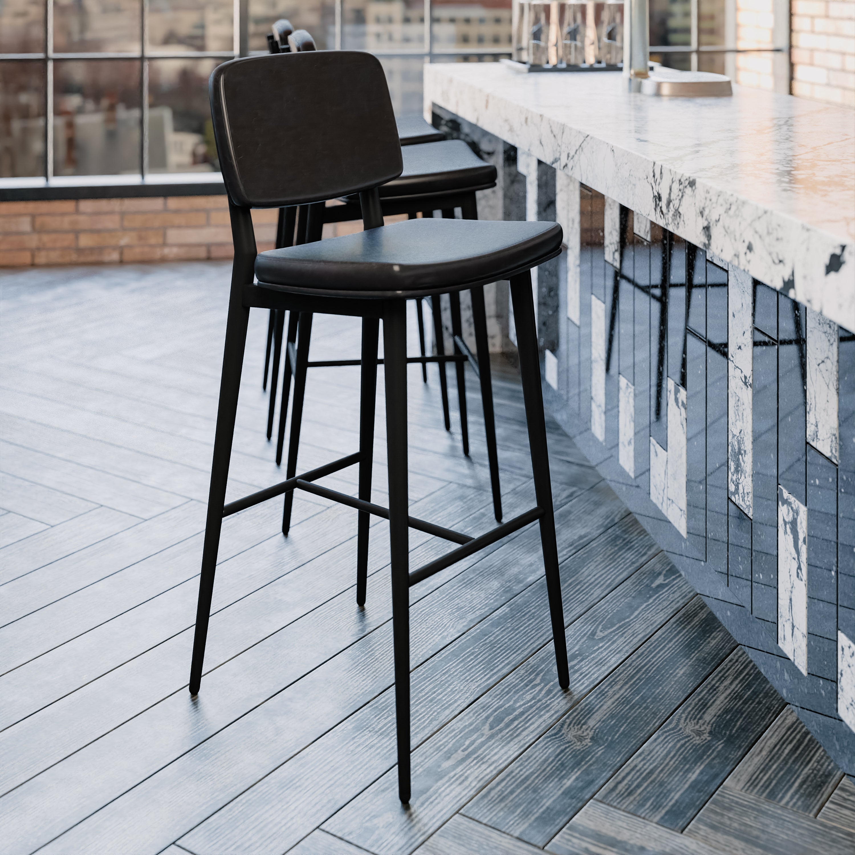 Kenzie Mid-Back Barstools - LeatherSoft Upholstery - Iron Frame with Integrated Footrest - Set of 2