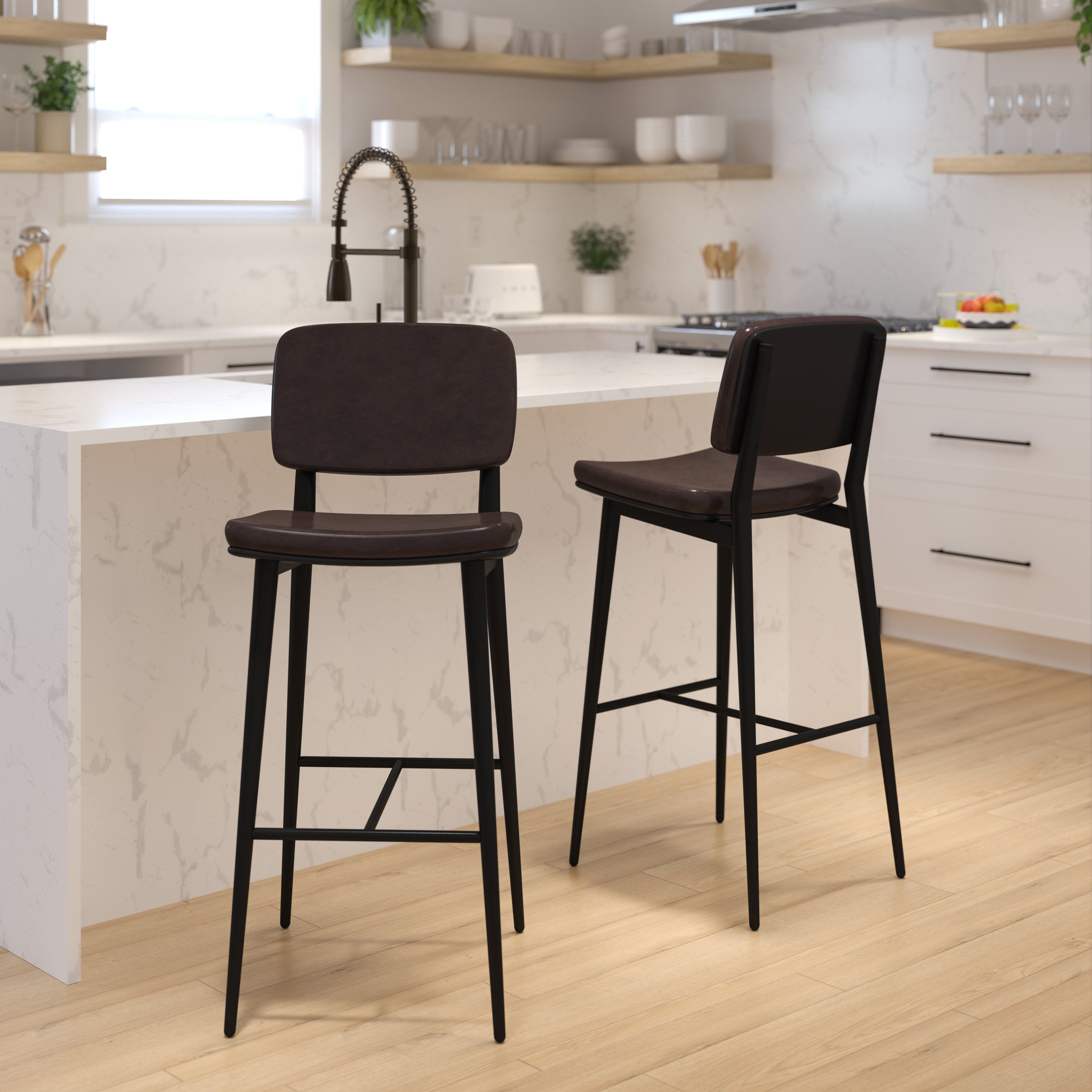 Kenzie Mid-Back Barstools - LeatherSoft Upholstery - Iron Frame with Integrated Footrest - Set of 2