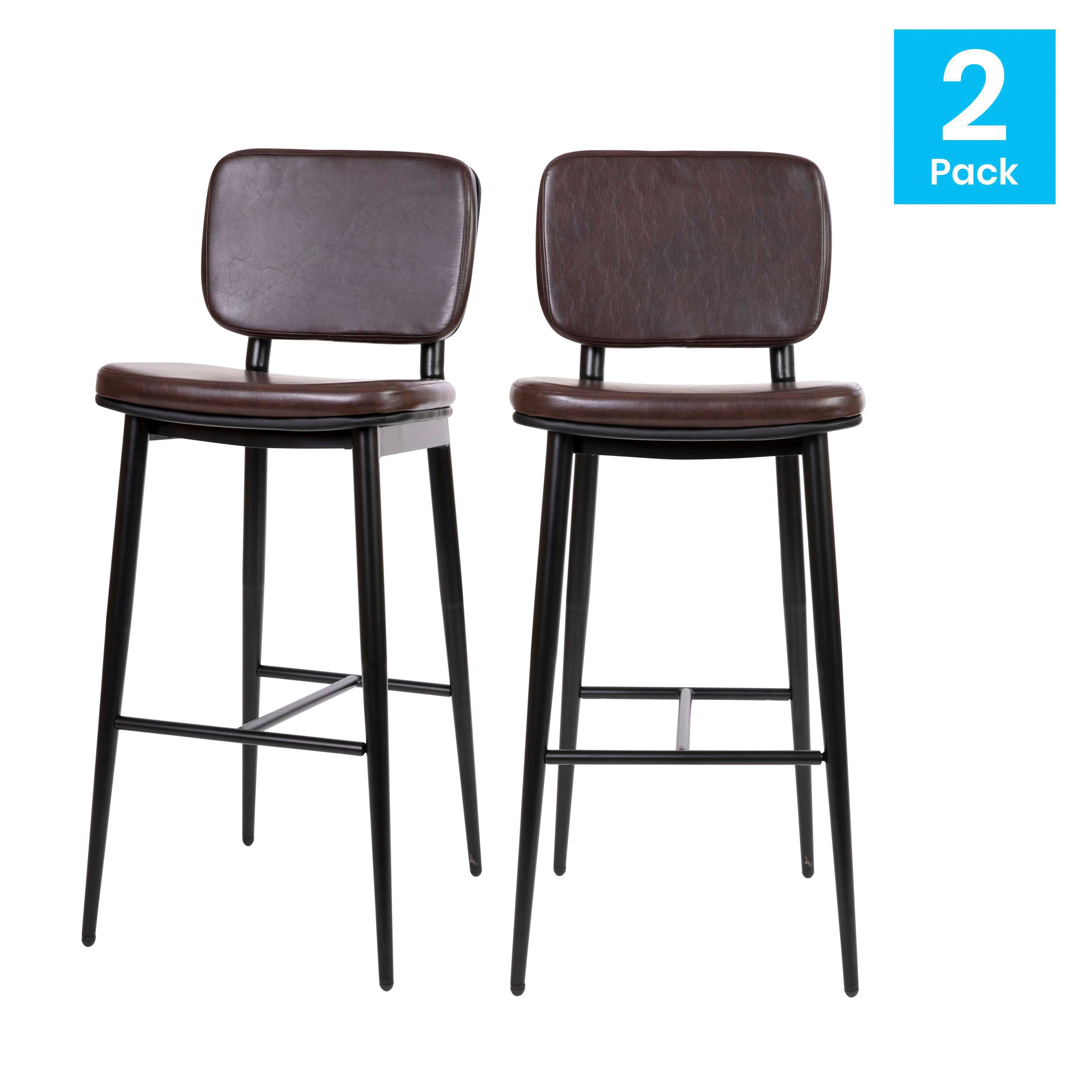 Kenzie Mid-Back Barstools - LeatherSoft Upholstery - Iron Frame with Integrated Footrest - Set of 2