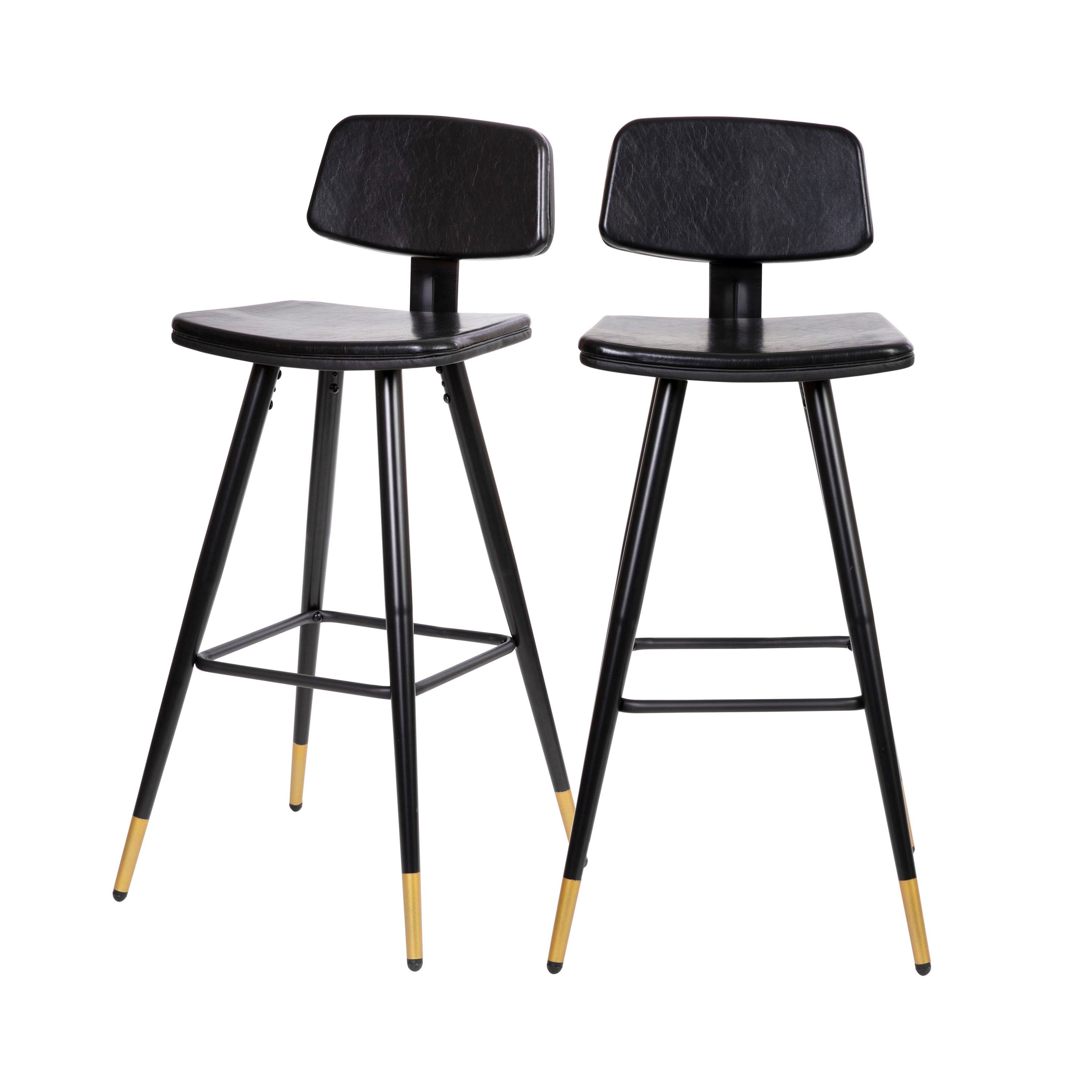 Kora Low Back Barstools-LeatherSoft Upholstery-Iron Frame-Integrated Footrest-Gold Tipped Legs-Set of 2