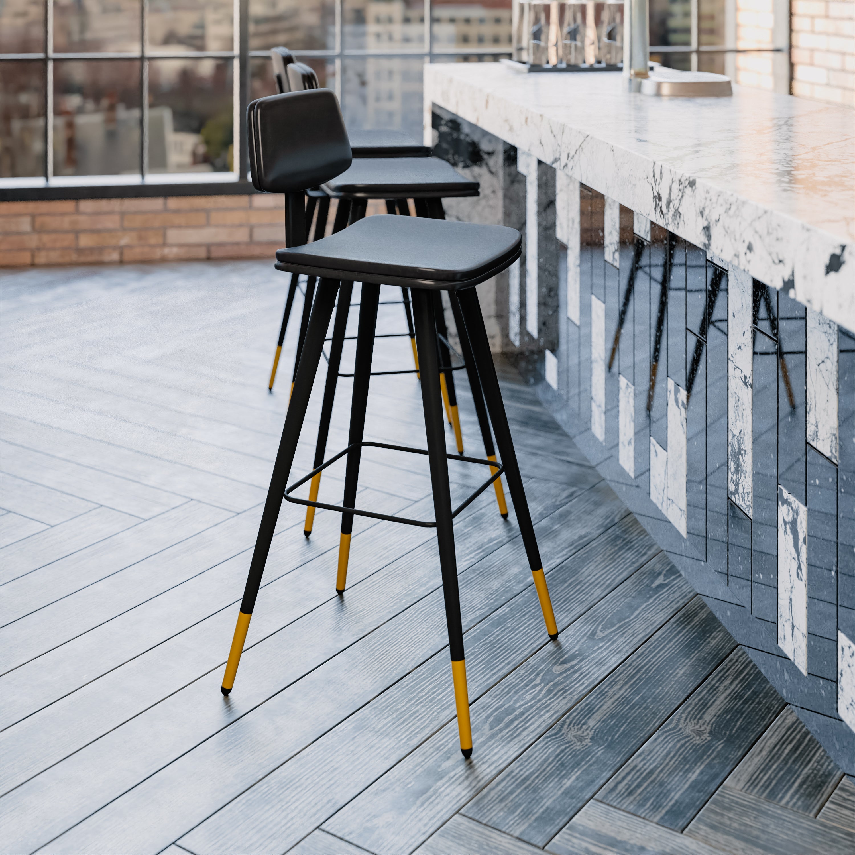 Kora Low Back Barstools-LeatherSoft Upholstery-Iron Frame-Integrated Footrest-Gold Tipped Legs-Set of 2
