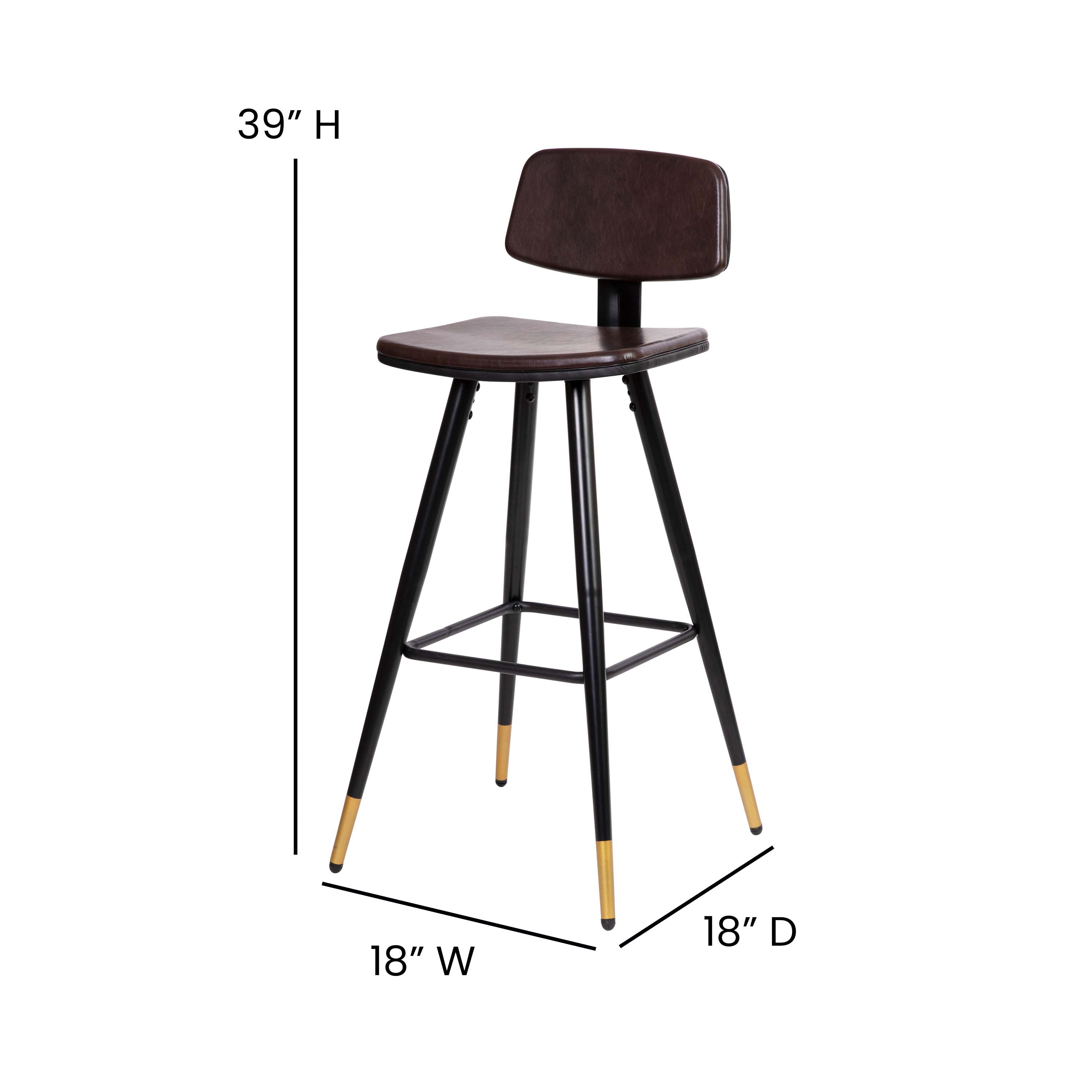Kora Low Back Barstools-LeatherSoft Upholstery-Iron Frame-Integrated Footrest-Gold Tipped Legs-Set of 2