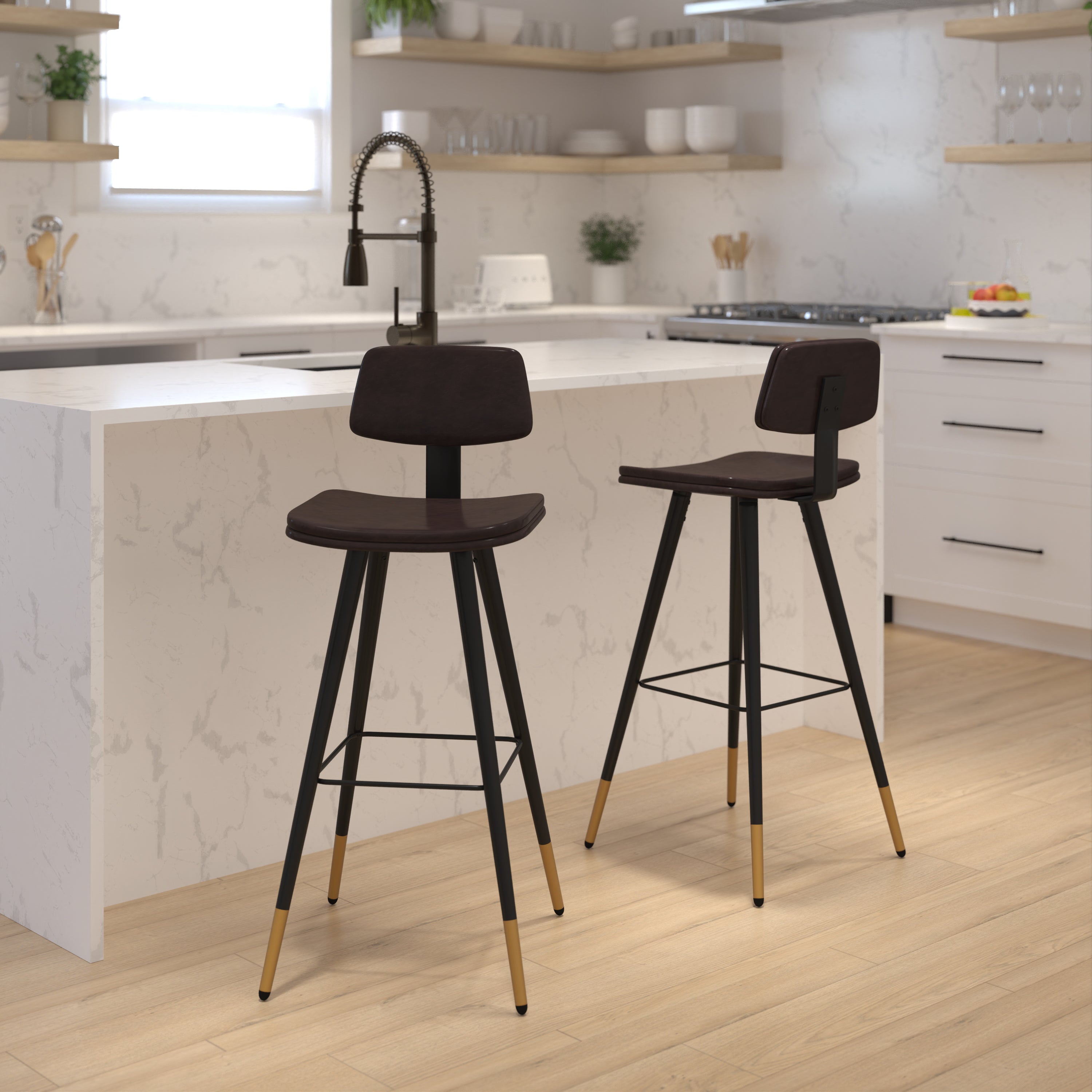Kora Low Back Barstools-LeatherSoft Upholstery-Iron Frame-Integrated Footrest-Gold Tipped Legs-Set of 2