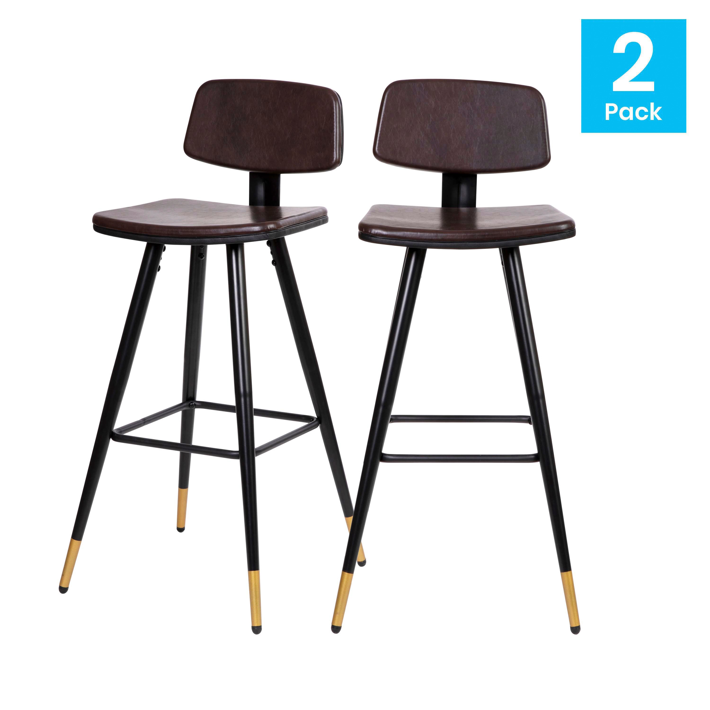 Kora Low Back Barstools-LeatherSoft Upholstery-Iron Frame-Integrated Footrest-Gold Tipped Legs-Set of 2