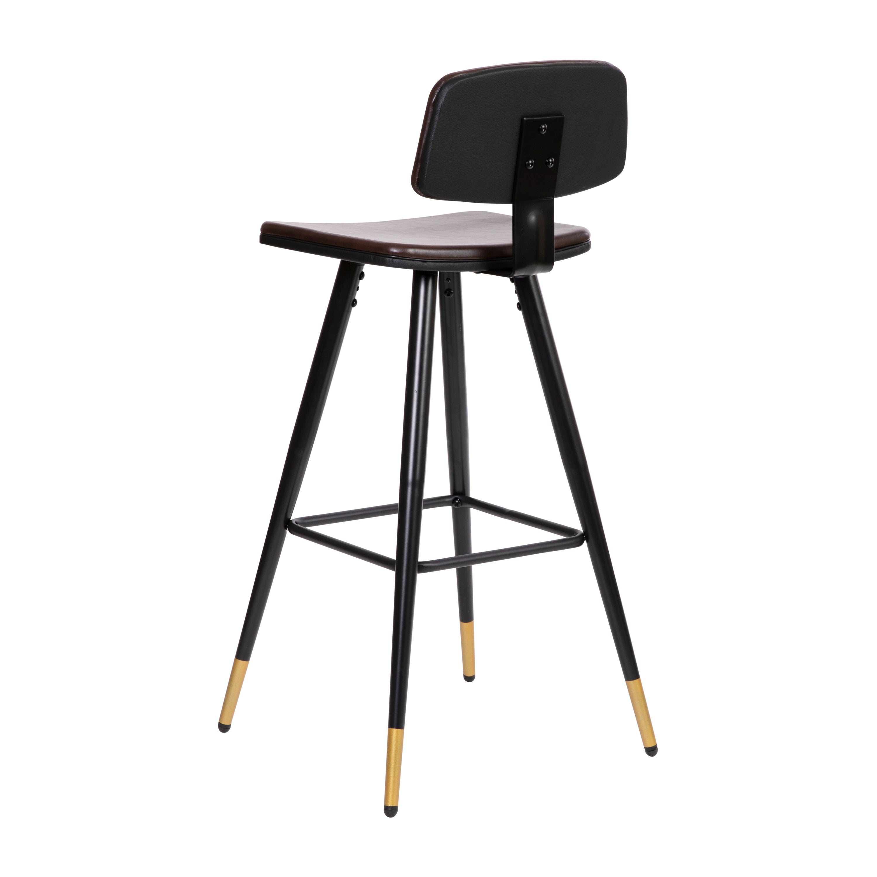 Kora Low Back Barstools-LeatherSoft Upholstery-Iron Frame-Integrated Footrest-Gold Tipped Legs-Set of 2