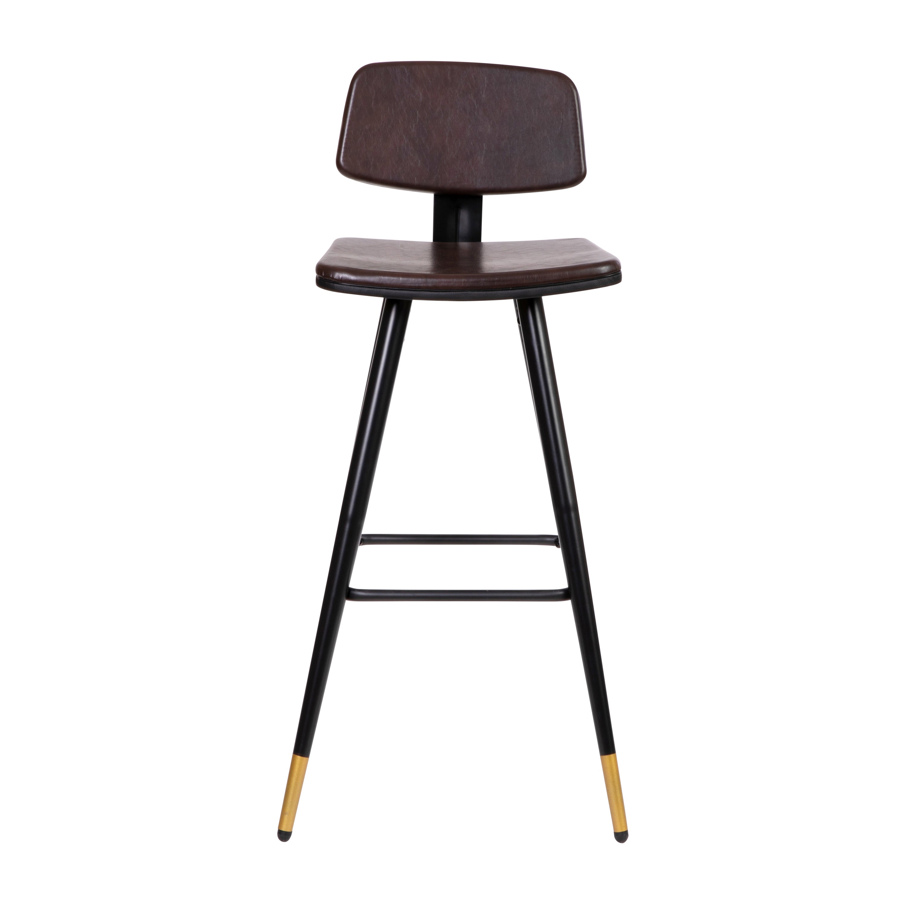 Kora Low Back Barstools-LeatherSoft Upholstery-Iron Frame-Integrated Footrest-Gold Tipped Legs-Set of 2
