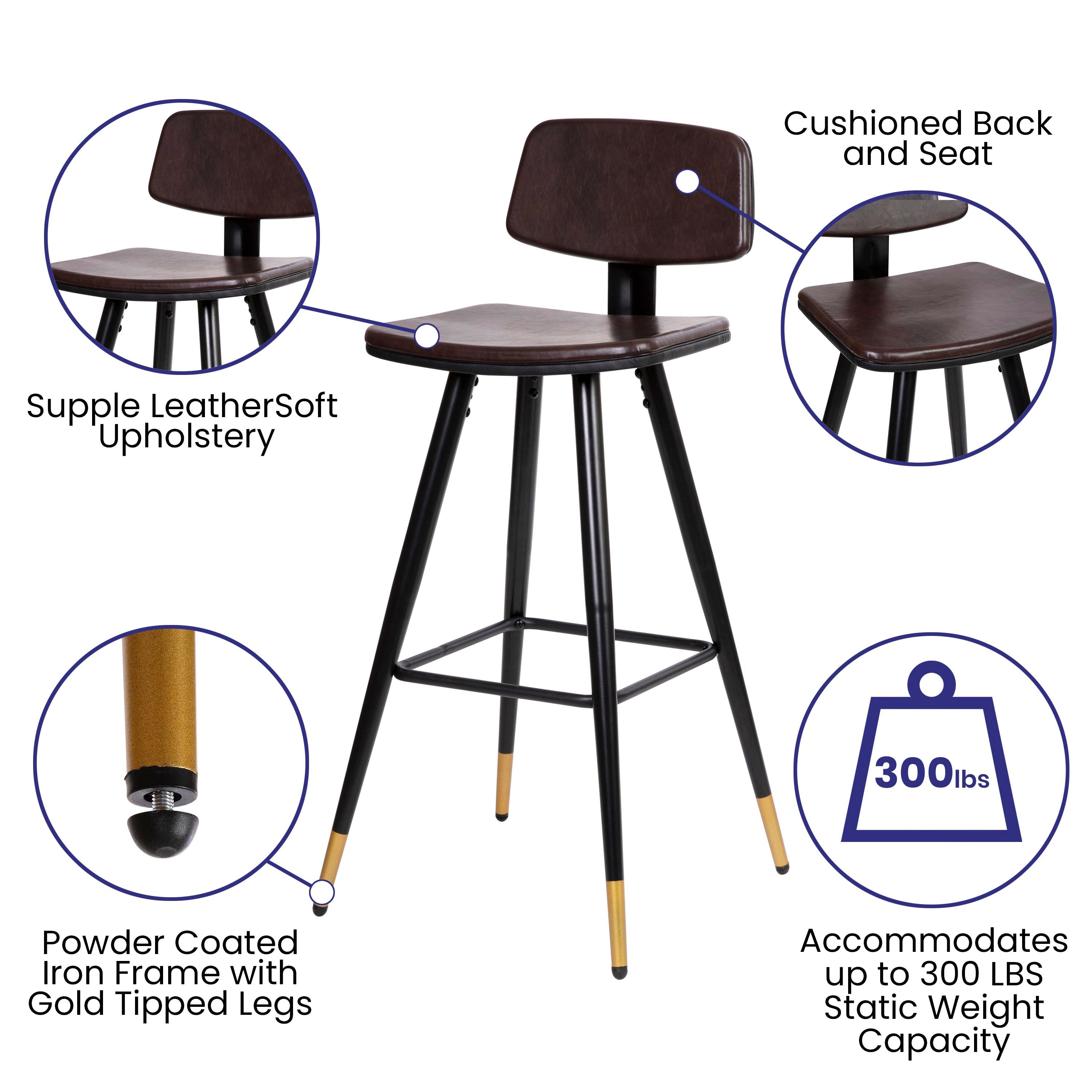 Kora Low Back Barstools-LeatherSoft Upholstery-Iron Frame-Integrated Footrest-Gold Tipped Legs-Set of 2