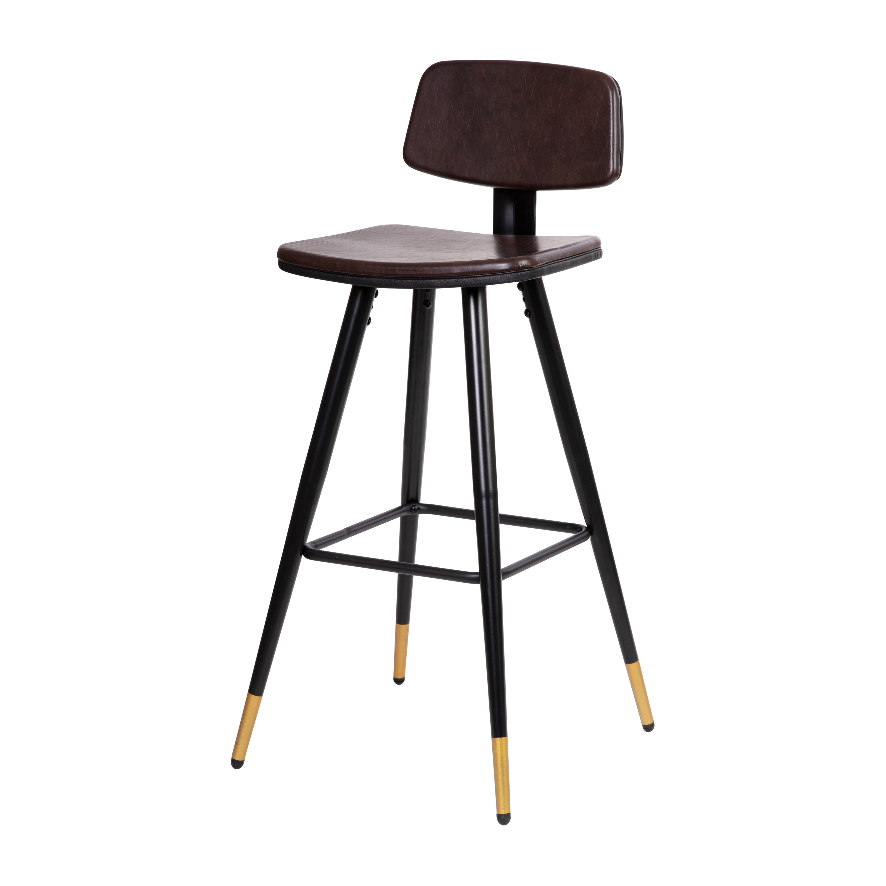 Kora Low Back Barstools-LeatherSoft Upholstery-Iron Frame-Integrated Footrest-Gold Tipped Legs-Set of 2