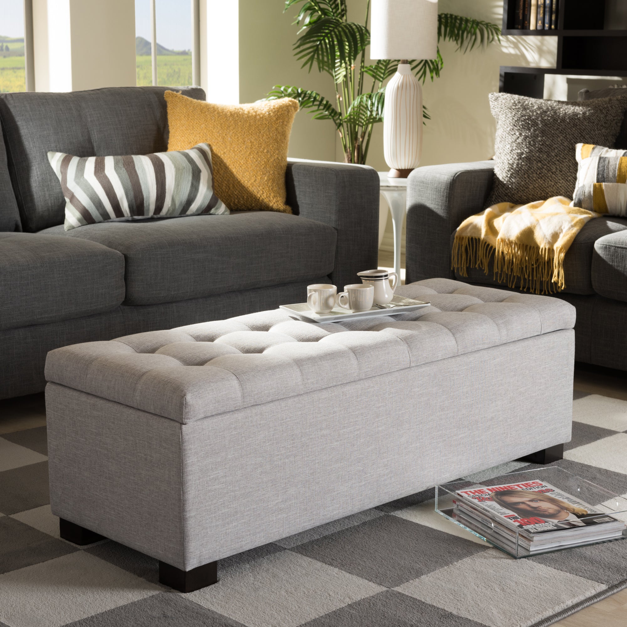 RoaNoke Modern and Contemporary Fabric Upholstered Grid-Tufting Storage Ottoman