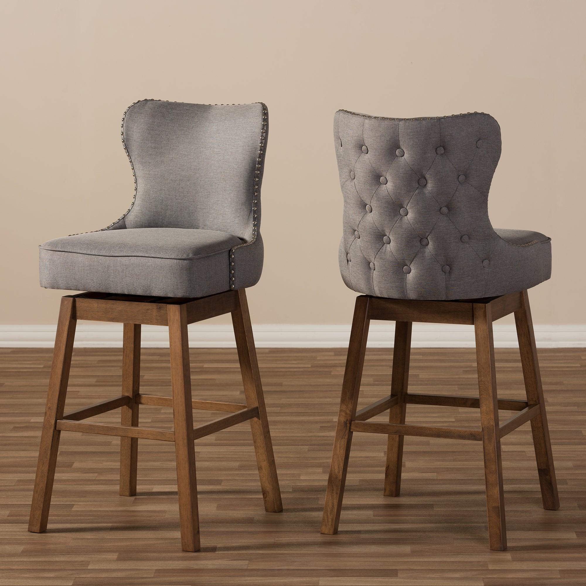 Gradisca Modern and Contemporary Wood Finishing and Fabric Button-Tufted Upholstered 2-Piece Swivel Barstool Set