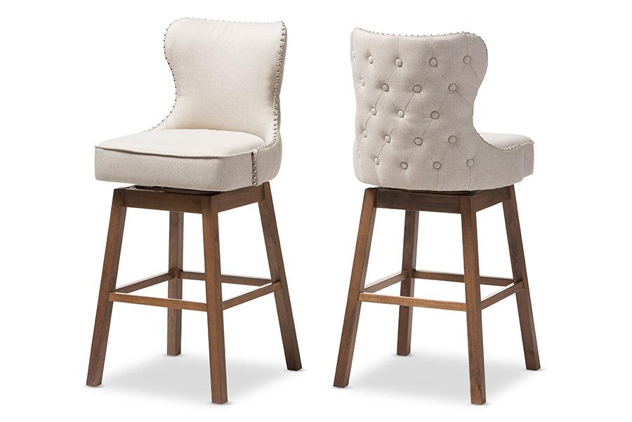 Gradisca Modern and Contemporary Wood Finishing and Light Fabric Button-Tufted Upholstered 2-Piece Swivel Barstool Set