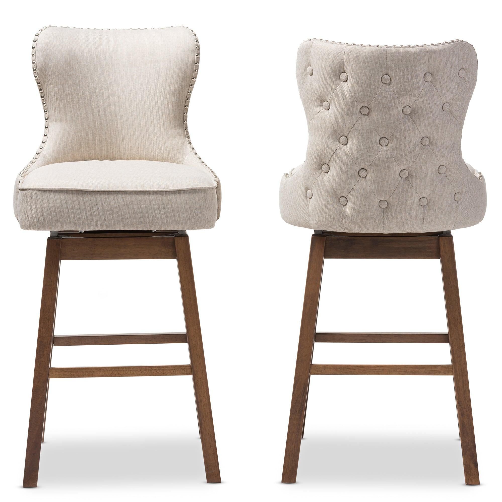 Gradisca Modern and Contemporary Wood Finishing and Light Fabric Button-Tufted Upholstered 2-Piece Swivel Barstool Set