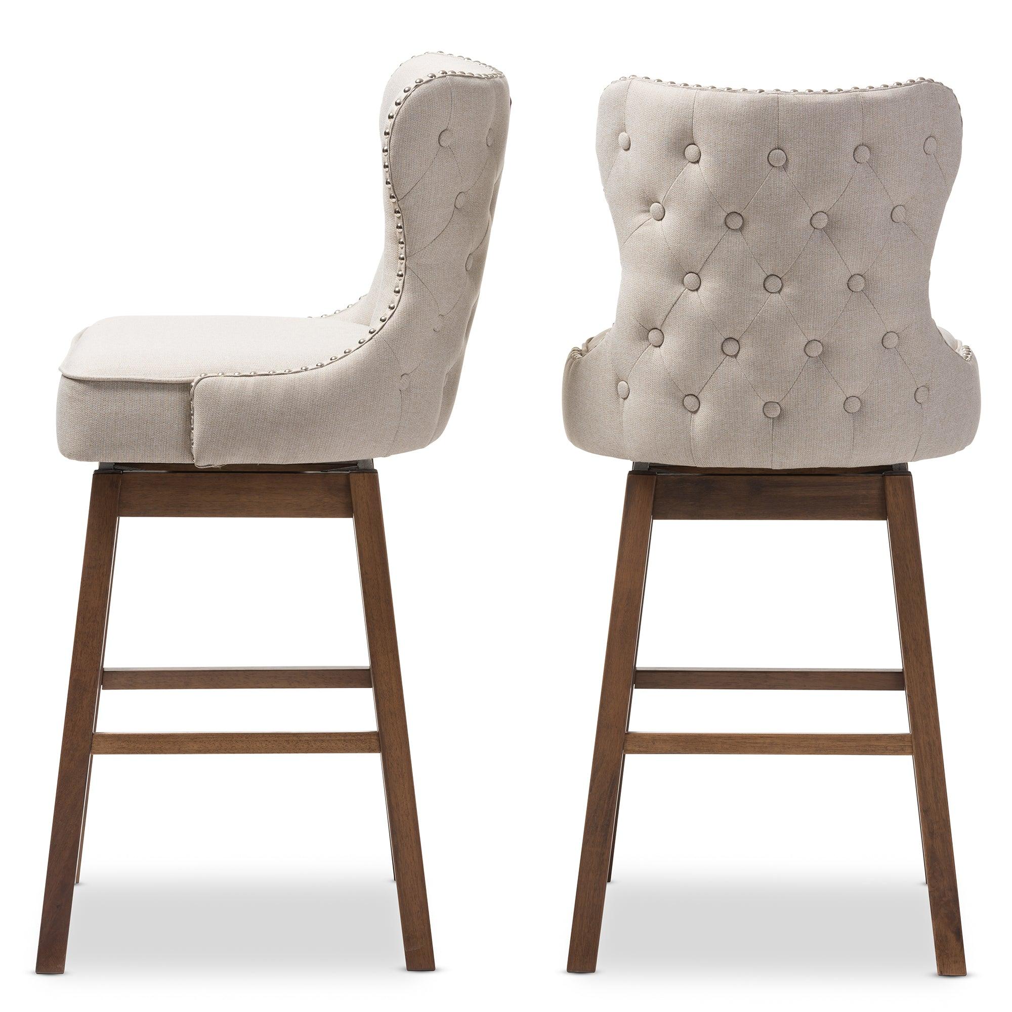 Gradisca Modern and Contemporary Wood Finishing and Light Fabric Button-Tufted Upholstered 2-Piece Swivel Barstool Set