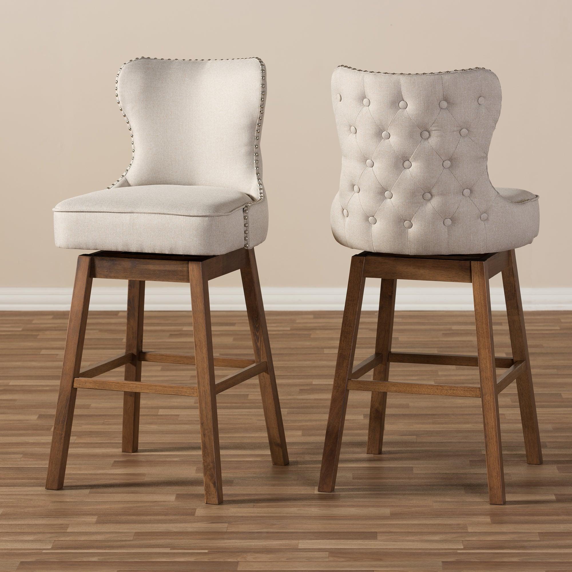 Gradisca Modern and Contemporary Wood Finishing and Light Fabric Button-Tufted Upholstered 2-Piece Swivel Barstool Set