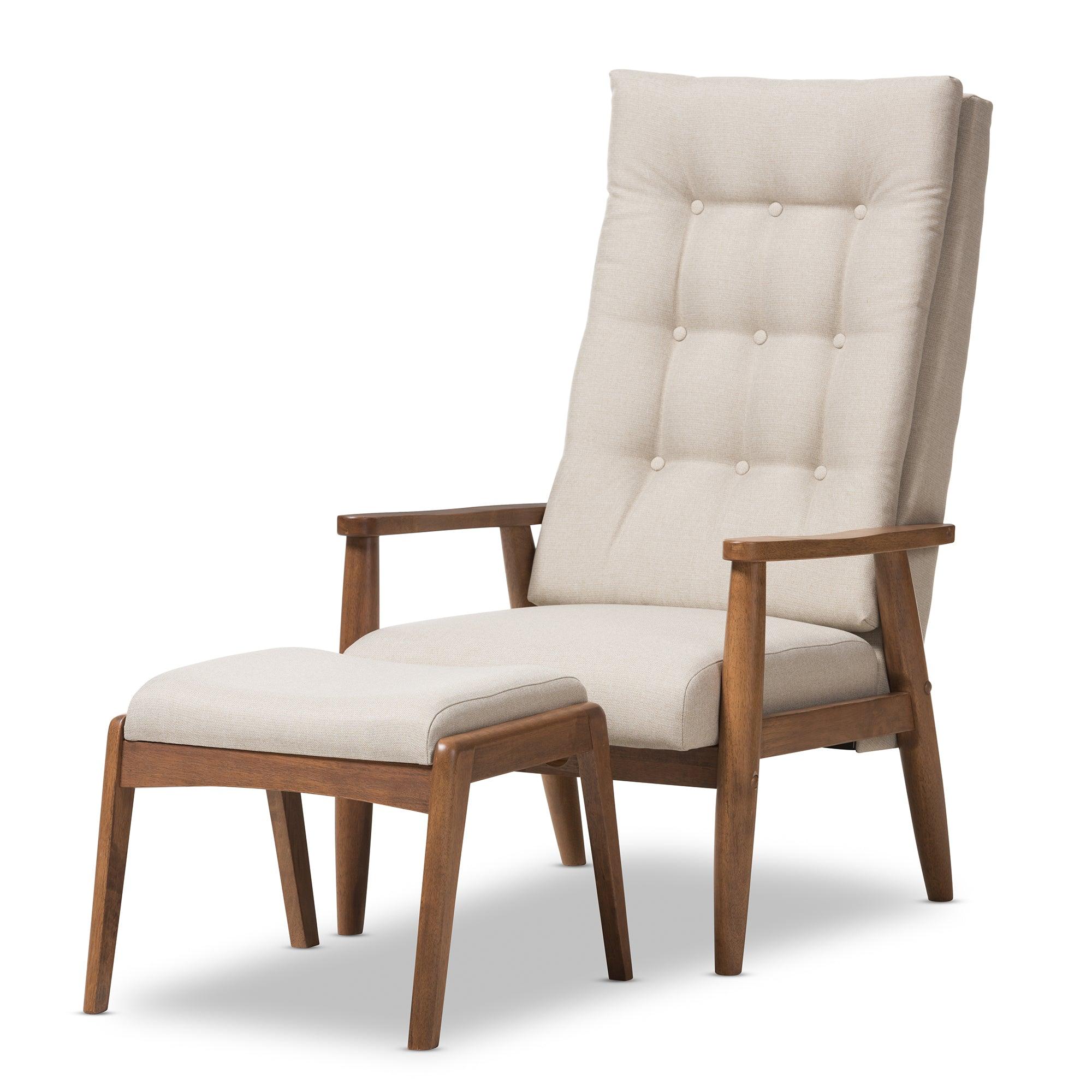Roxy Mid-Century Modern Wood Finishing and Light Fabric Upholstered Button-Tufted High-Back Lounge Chair and Ottoman Set