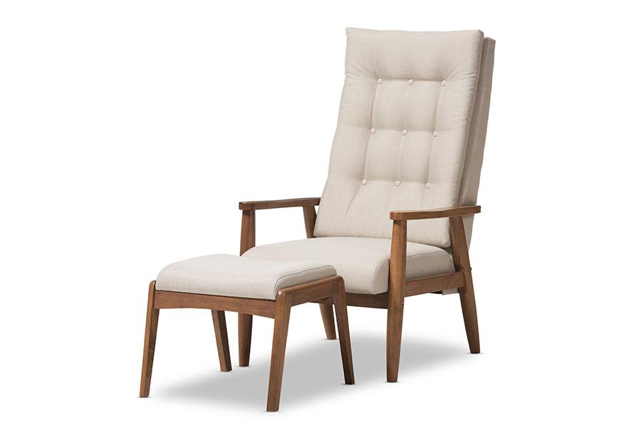 Roxy Mid-Century Modern Wood Finishing and Light Fabric Upholstered Button-Tufted High-Back Lounge Chair and Ottoman Set