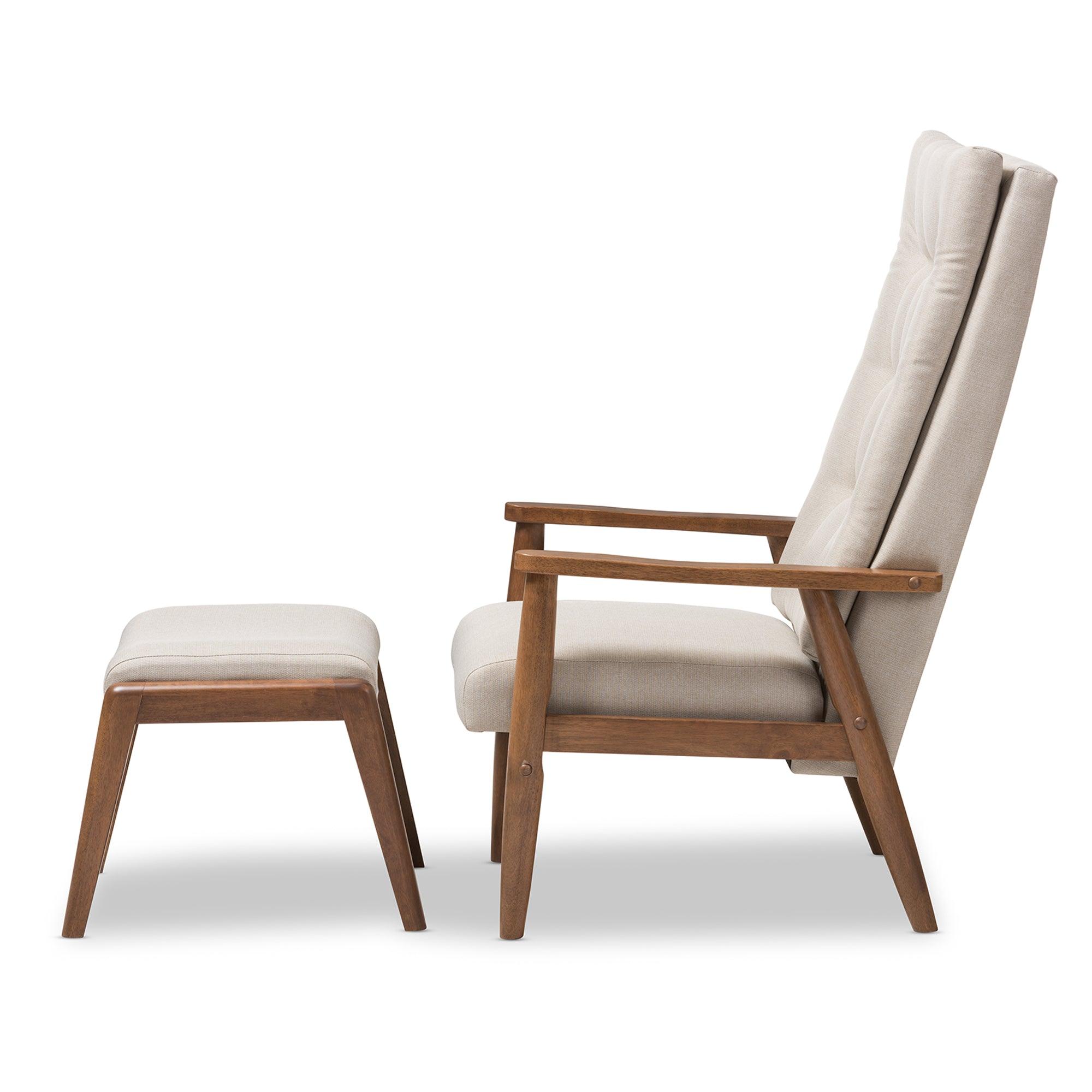 Roxy Mid-Century Modern Wood Finishing and Light Fabric Upholstered Button-Tufted High-Back Lounge Chair and Ottoman Set
